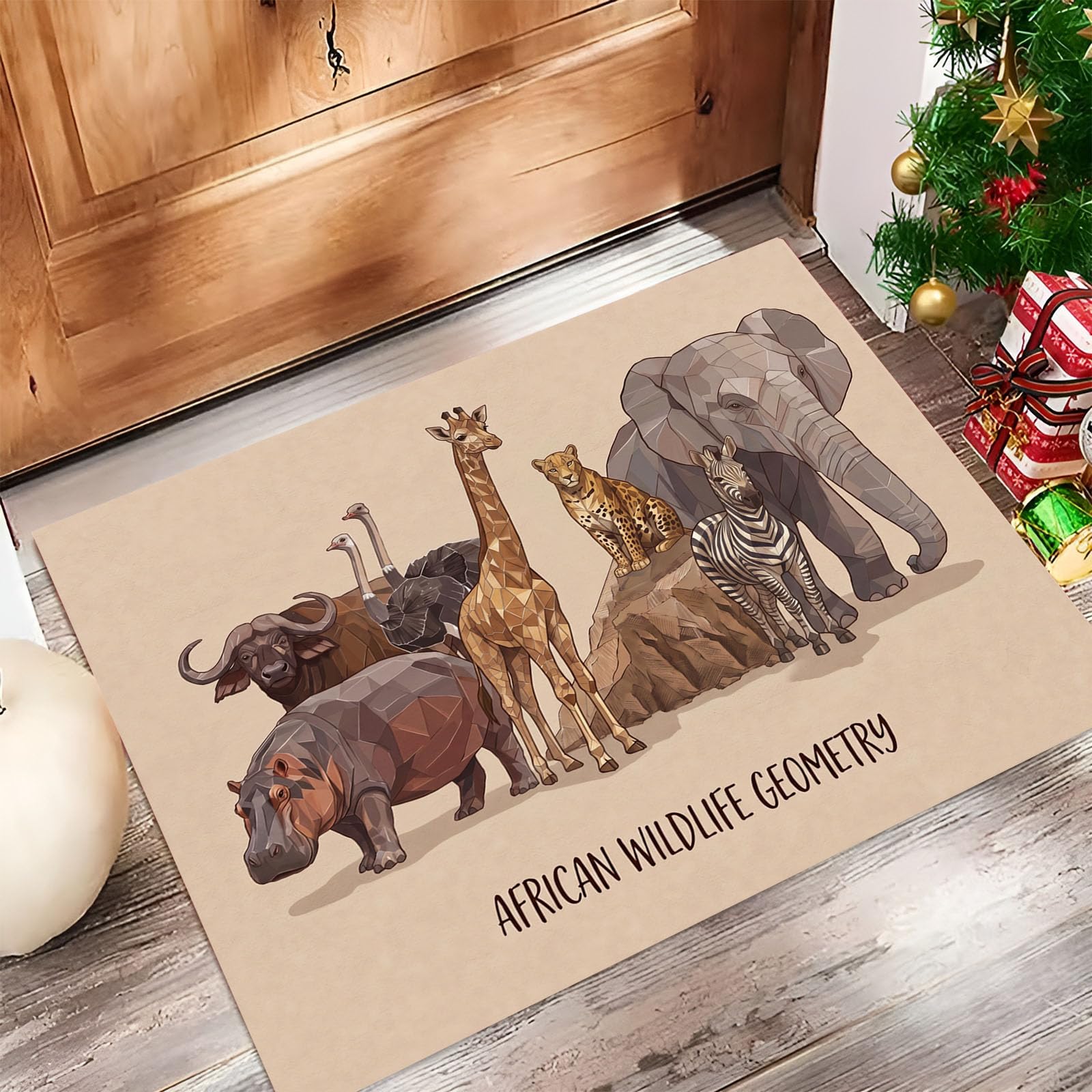 Zerbino Ingresso Interno Fauna Selvatica Africana, Zerbino Di Benvenuto Lavabile Morbida Giraffa Elefante, Antiscivolo Tappeto Da Decorazioni Beige Per Casa Porta, 60X90Cm