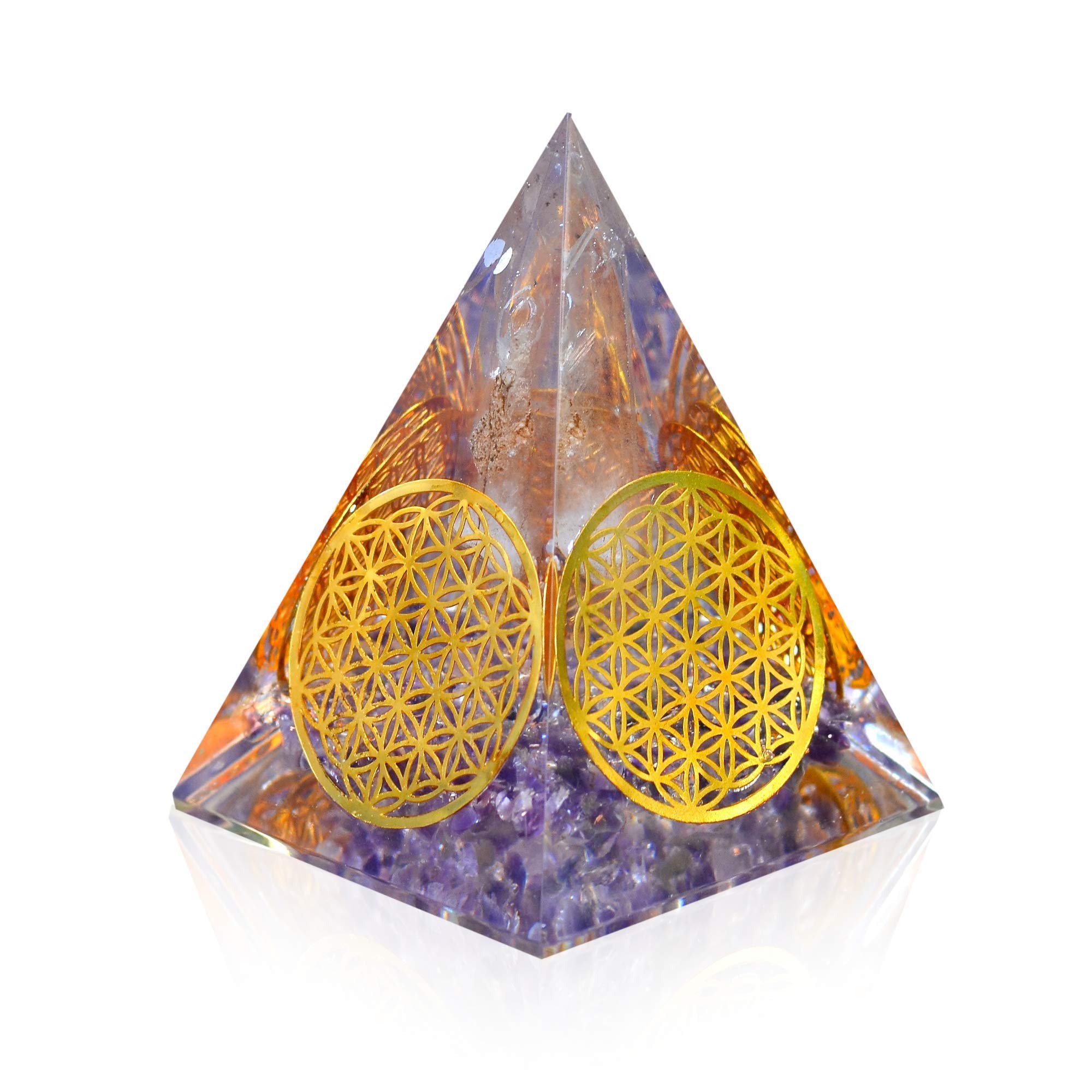 Orgonite Crystal Handmade Amethyst Pyramid with Flower of Life Symbol – Resin Decor for Meditation, Yoga, Chakra Balancing, Spiritual Gift, Desk or Home Display