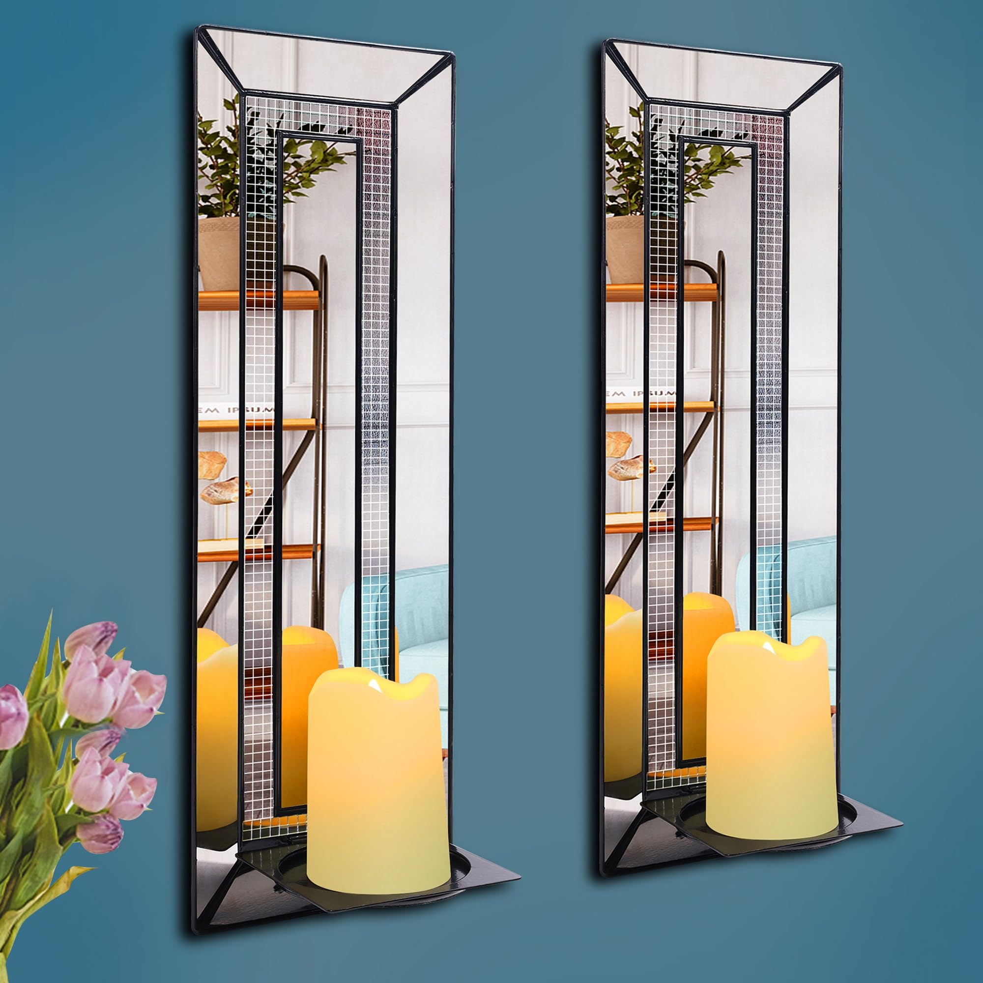 Wall Candle Holder Set of 2, Rectangle Mirrored Candle Sconces Mosaic Crystal Glass Wall Sconce, Silver Mirror Wall Decorations for Bedroom, Living Room, Bathroom, Dining Room