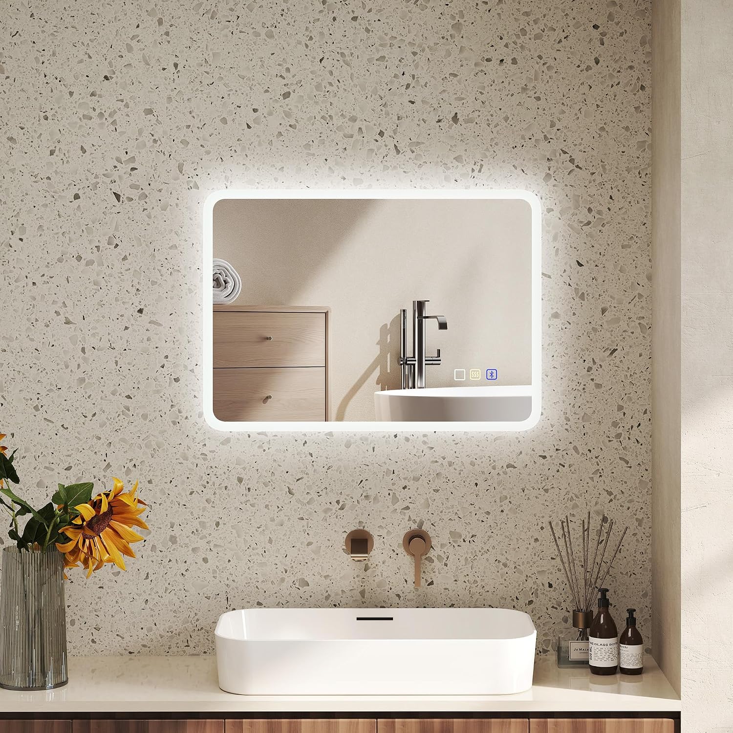 Miroir Salle De Bain LED MUPAI 50x70 Cm - Éclairage Tactile, étanche IP67, Blanc Froid 6500K