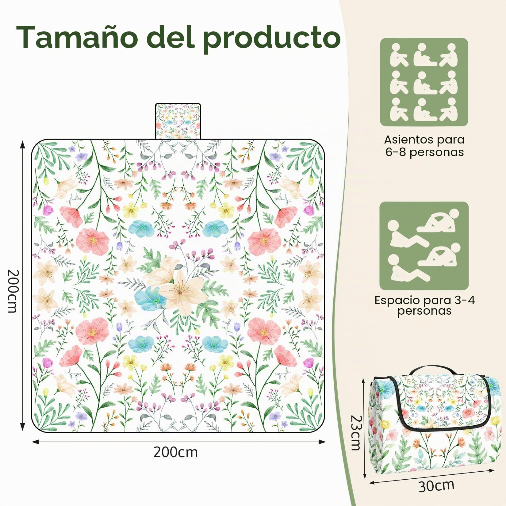 Manta de picnic 200x200 cm, Manta de picnic extra grande impermeable lavable a máquina, alfombra de playa apta para picnic en la playa, camping y jardín (flores)