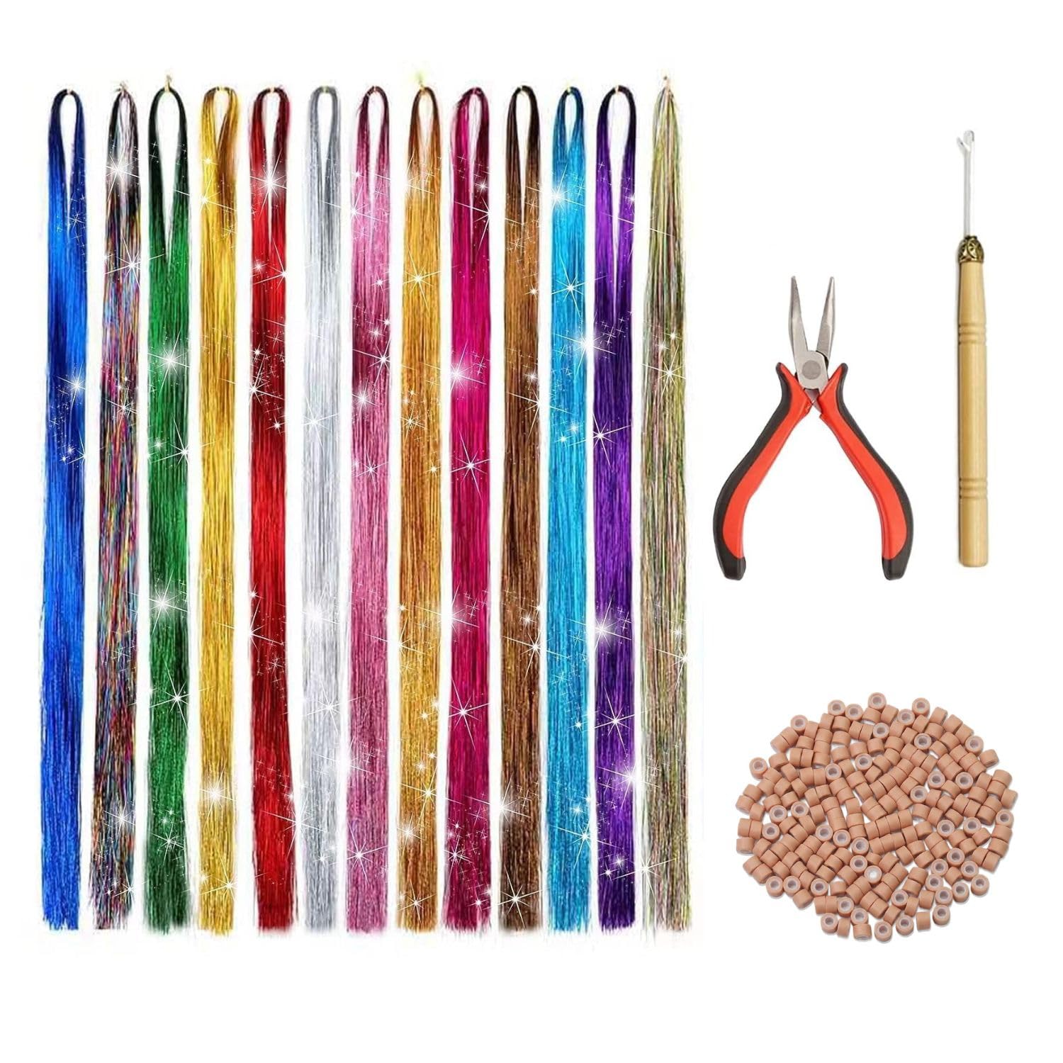 AHS 40 Inch Shiny Hair Strands Multicolor Hair Tinsels with Tools, 12 Colors 2700 Strands Hair Tinsel Kit, Sparkly Glitter Tinsel Hair Highlighter Strips-image-17