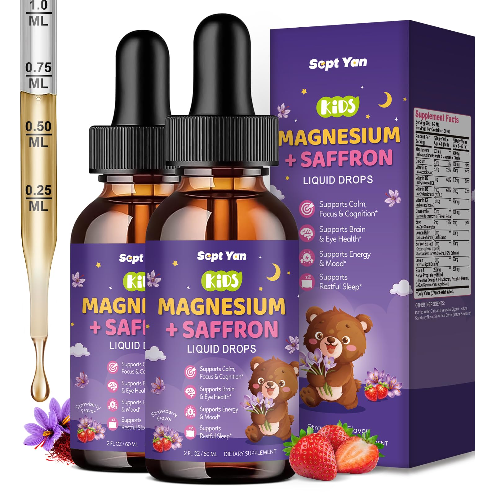 Magnesium Saffron Liquid Drops for Kids, Magnesium Glycinate Liquid with Saffron, L-Theanine, Vitamin B & C for Nerve, Sleep, Muscle, Calm & Relaxation, Sugar-Free,Strawberry Flavor, 4 Fl Oz Strawberry 2 Fl Oz (Pack of 2)