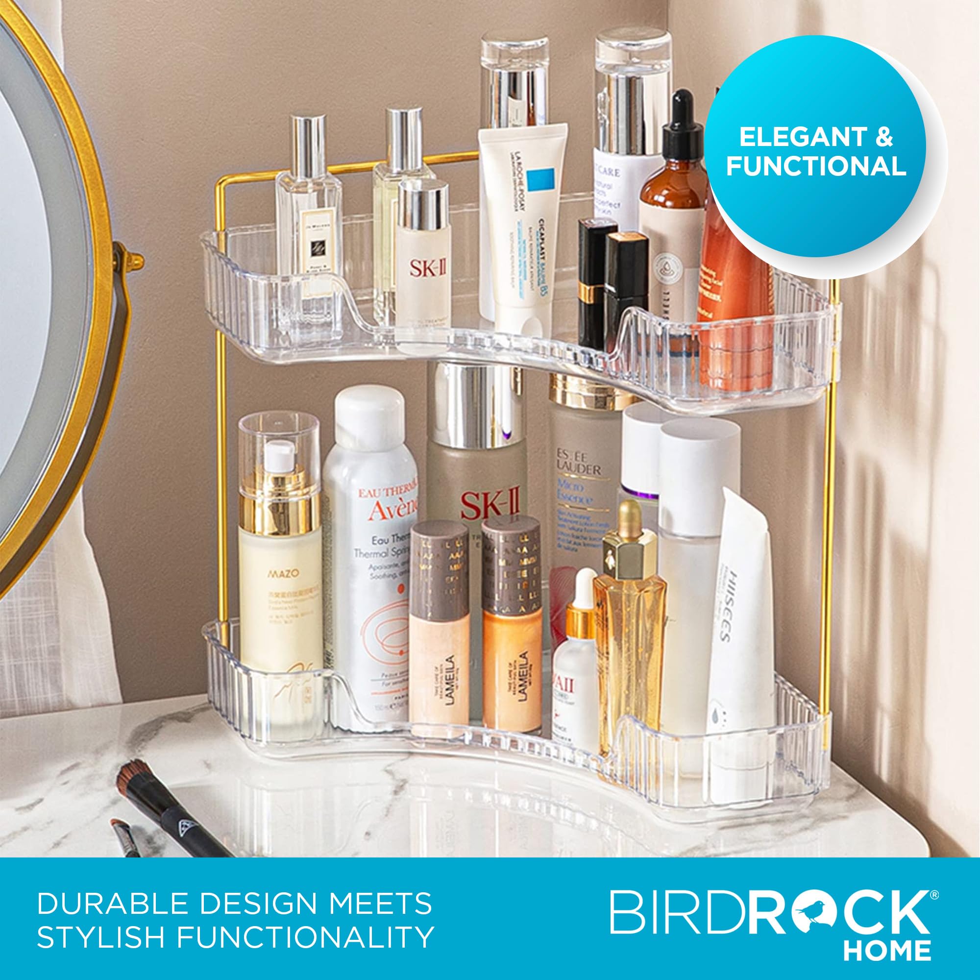 BIRDROCK HOME 2-Tier Corner Cosmetic Organizer - Clear Shelves with Gold Hardware, Easy Assembly, Durable Design for Makeup, Perfumes, and Self-Care Products