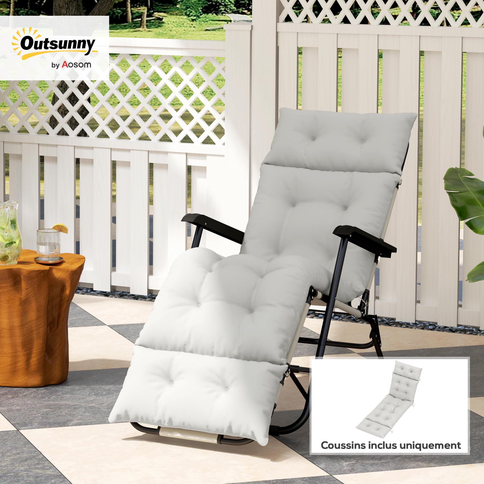 Outsunny Cojín Grueso para Tomar el Sol, cojín para Tumbona 190 x 56 x 10 cm, UPF20+, colchoneta para Tumbona con Seis Lazos, para jardín, terraza, balcón, Gris Claro | Cojín para silla larga, colchón para tumbona, con seis sujetadores, para jardín, terra