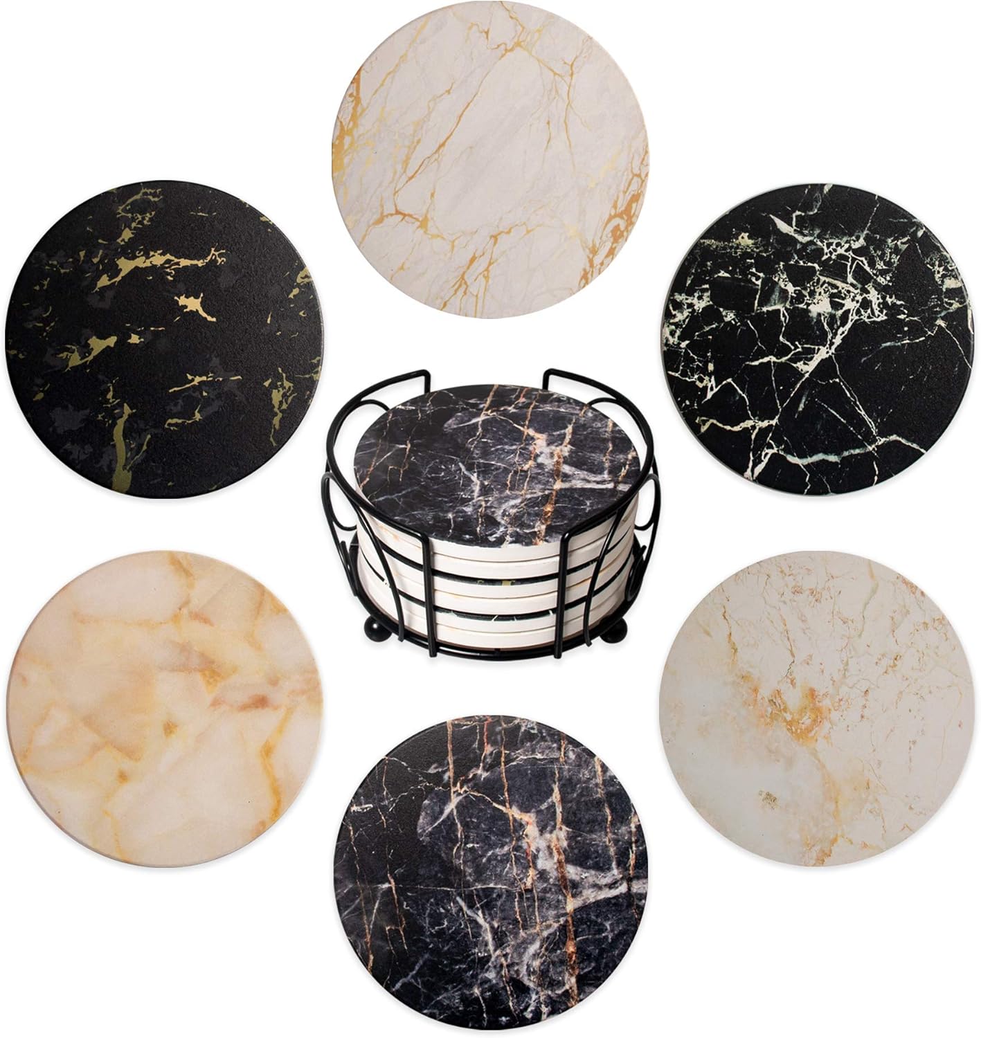 Rеvіеw Coasters For Drinks With Holder - 6 Different Marble Design Pieces – High Absorbent Coasters with Cork Backing and Black Metal Holder – Perfect Coasters for Kitchen & Dining Room
