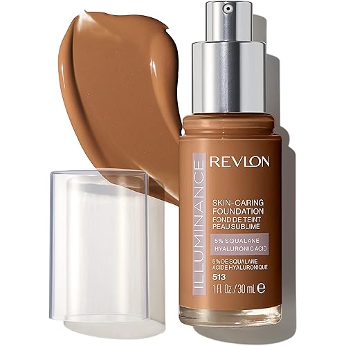 Revlon Illuminance Skin-Caring Liquid Foundation, Hyaluronic Acid, Hydrating and Nourishing Formula with Medium Coverage, 513 Brown Suede, 1 fl oz