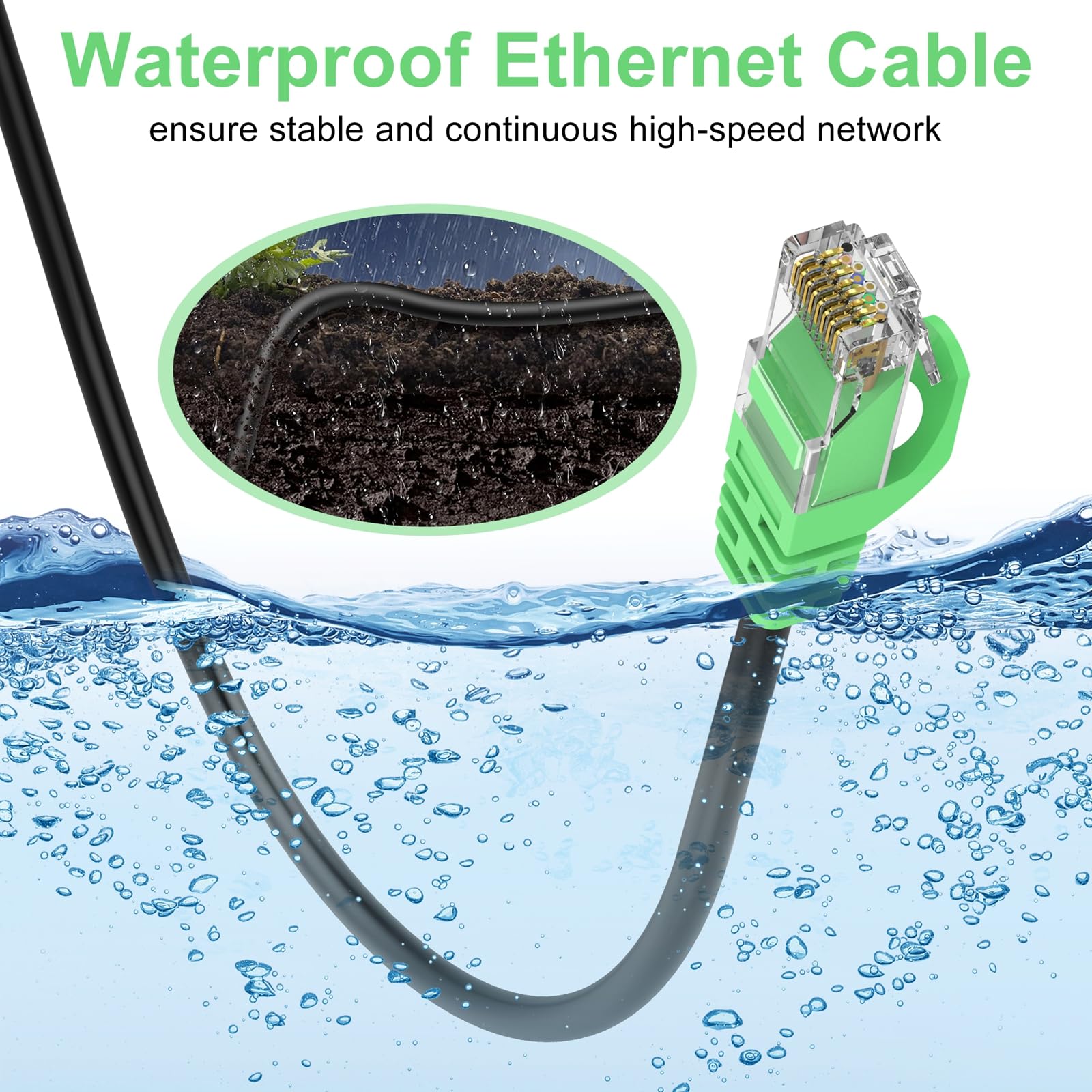 Câble Ethernet Cat 6 de 61 m, 23 AWG en aluminium plaqué de cuivre CCA solide, imperméable en polyéthylène, gaine rigide et durable pour l'enfouissement direct et les conduits, prend en charge