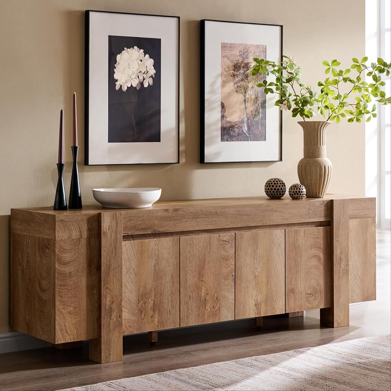 OKD 70" Modern Farmhouse TV Stand for TVs up to 80 Inch, Light Knotty