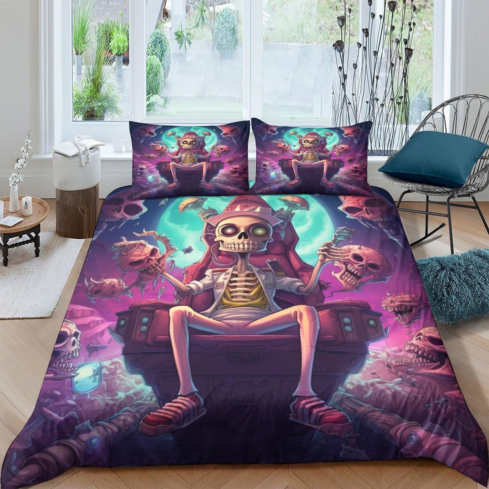 Housse de couette squelette 3D en microfibre respirante et anti-plis à fermeture éclair