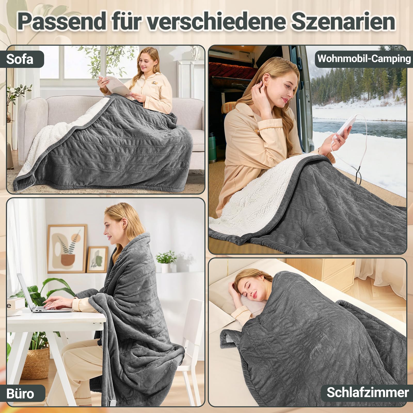 Charmofun Heizdecke 130x180CM Elektrische Wärmedecke 8 Heizstufen 12 Stunden Auto-Off-Timer Maschinenwaschbar Flanell