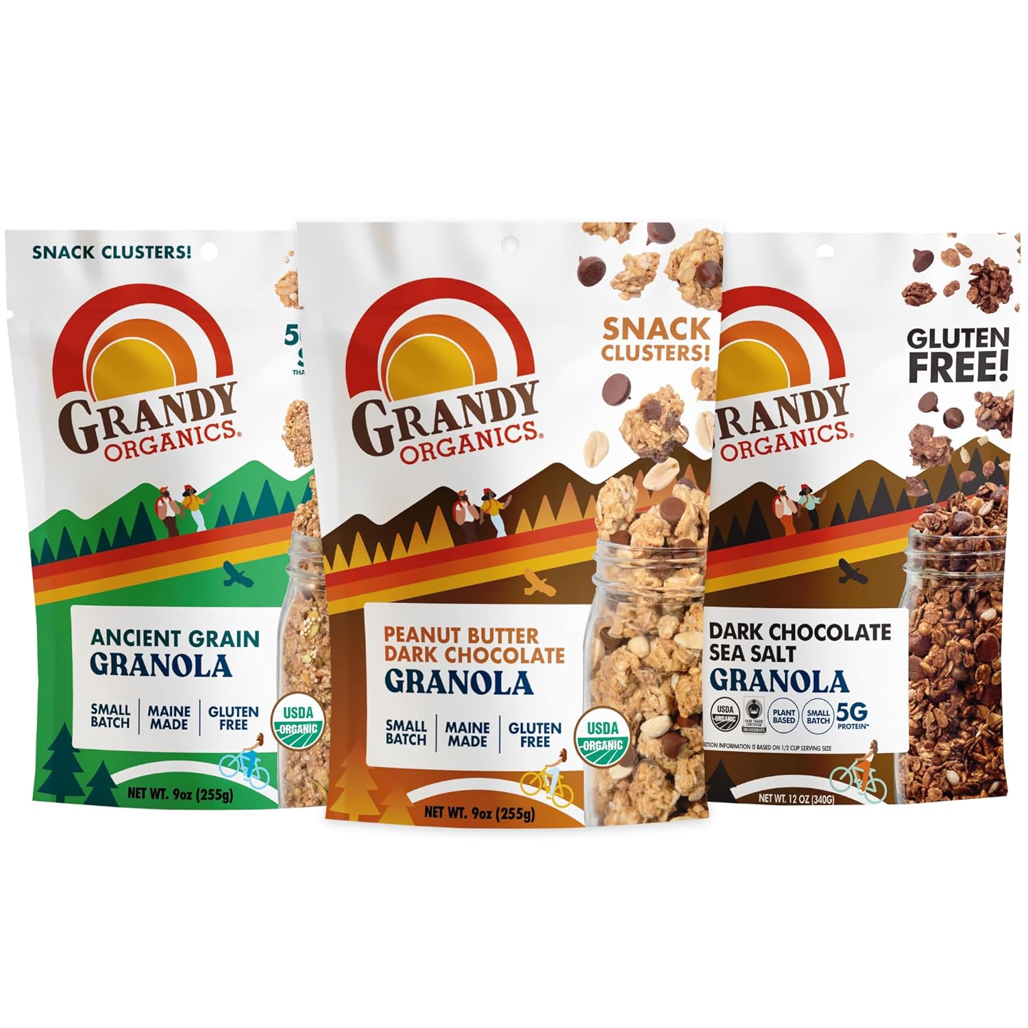 Grandy Organics Variety Pack - Ancient Grain, Peanut Butter & Dark Chocolate, and Dark Chocolate Sea Salt Granola - Whole Grain, Gluten Free, Non-GMO, Certified Organic Healthy Snacks - Pack of 3