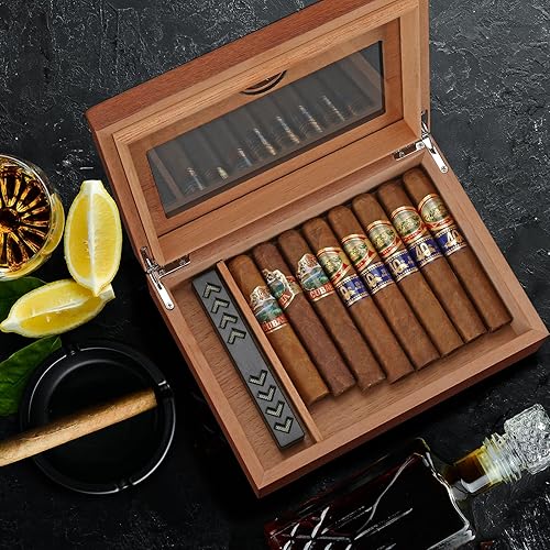 Miniatura 5 de Humidificador de Cigarros TISFA, Caja de Cigarros con Tapa de Vidrio, Higrómetro, Humidificador y Divisor, Estuche de Madera de Cedro para