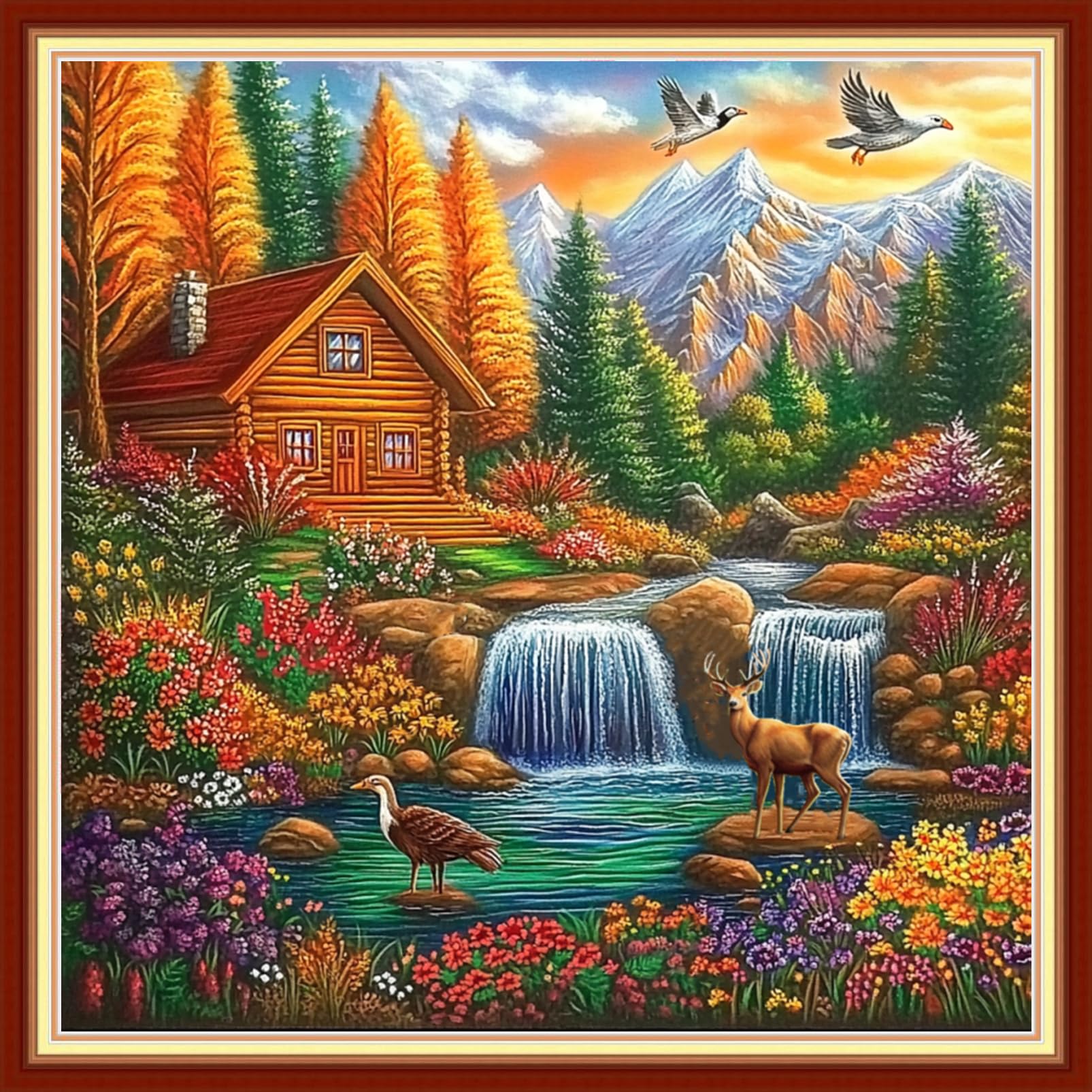 Joyhoor Cross Stitch Kits for Beginners Stamped Cross-Stitch Supplies Needlework preprint Embroidery Kits for Adults DIY Needlepoint Kits Embroidery Patterns 11CT-Autumn Waterfall Home 18x18 inchs