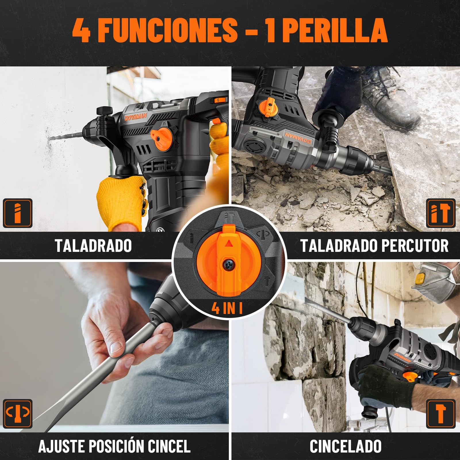 DOVAMAN RH15A Martillo Perforador SDS-Plus 1500W, 7J, 4 Funciones, 900 rpm, 4350 golp/min, Sistema Antivibración, Embrague de Seguridad, con Brocas y Cinceles, para Hormigón y Pared, con Maletín