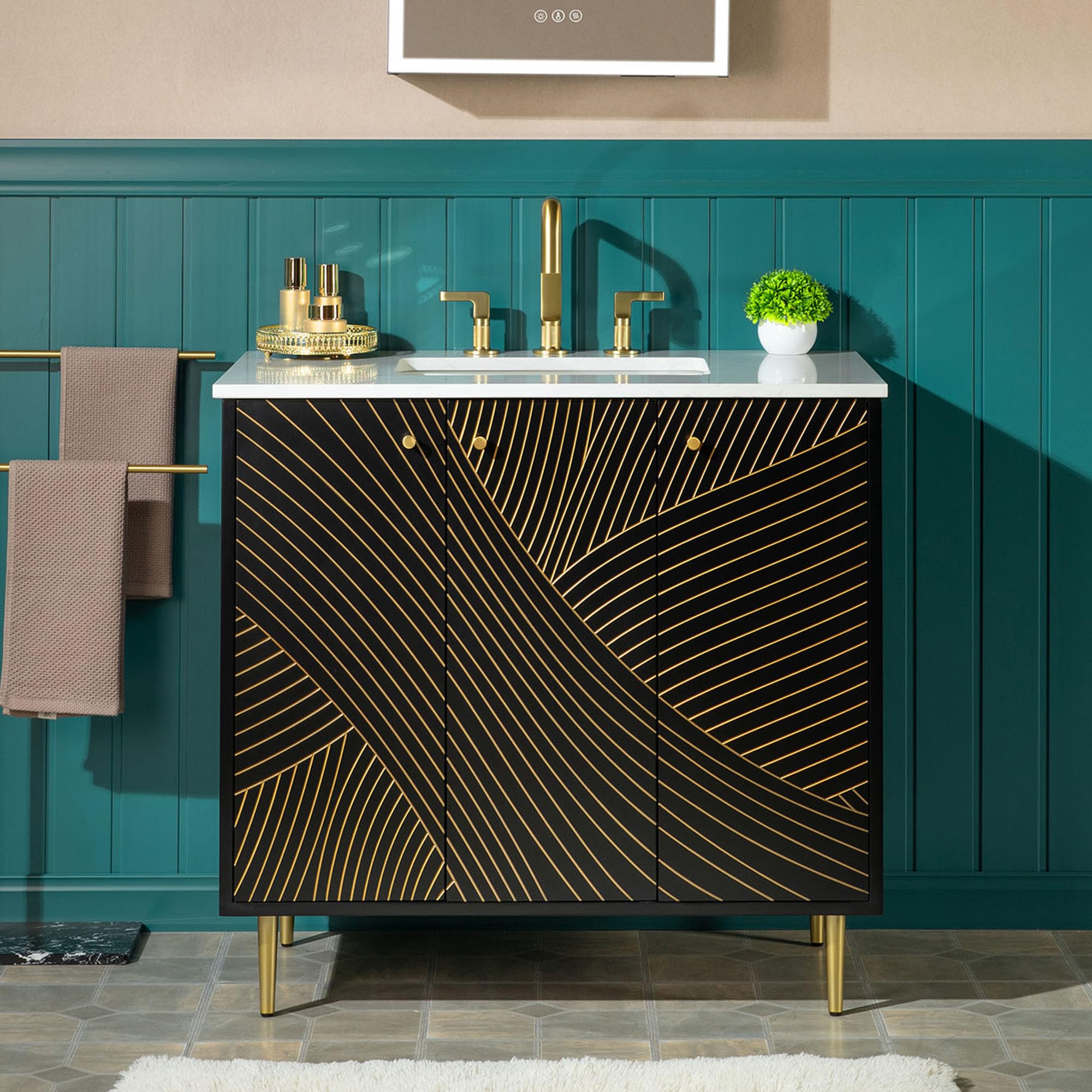 Woodbridge 36"x22" Bathroom Vanity with Single Ceramic Undermount Sink, White Engineered Stone Top, Hand-Painted Black &amp; Gold Accents, Sleek Thin-Leg Frame, Space-Saving for Modern Living