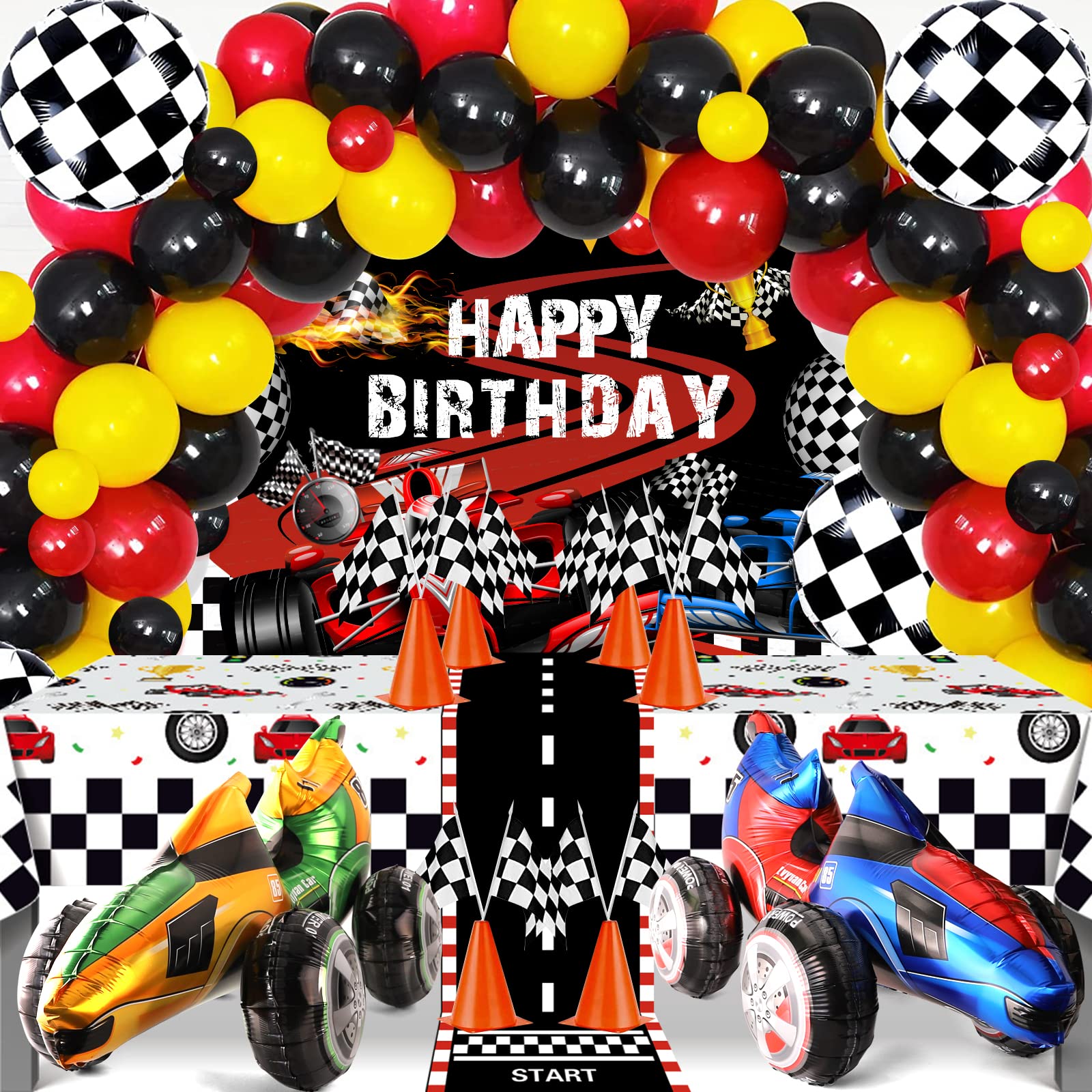 120 Pcs Race Car Birthday Party Decoration Supplies - Racing Checkered Flag Pennant Banner Race Car Backdrop Balloon Garland Arch Kit for Two Fast Birthday Lets Go Racing Car Party Decoration