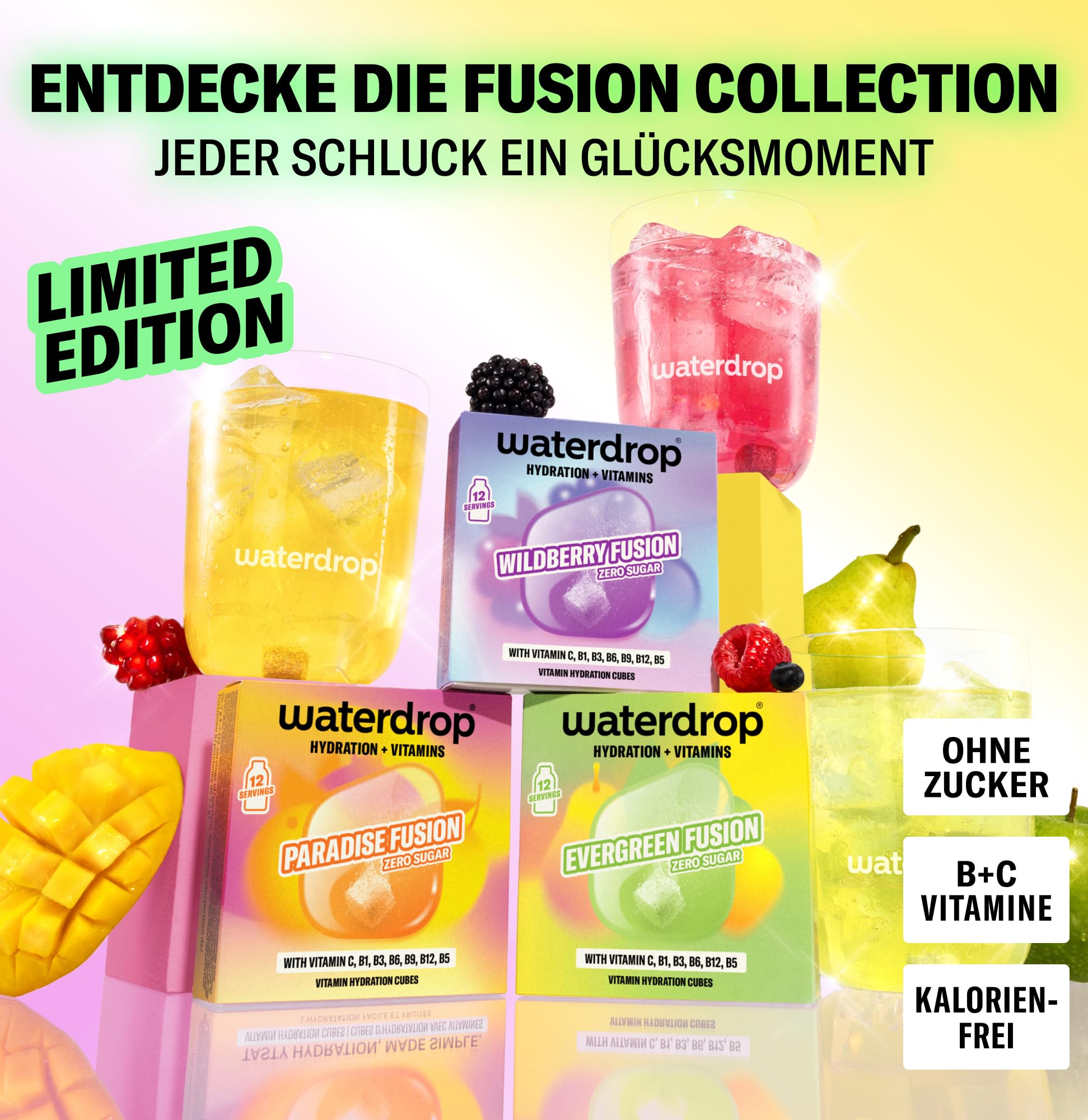 waterdrop® Wildberry, Paradise & Evergreen Fusion – 36 Waterdrop Würfel – Zuckerfreier Durstlöscher & Alternative zu Getränkesirup und Geschmackspulver – Geschmack für Wasser ohne Zucker - vegan