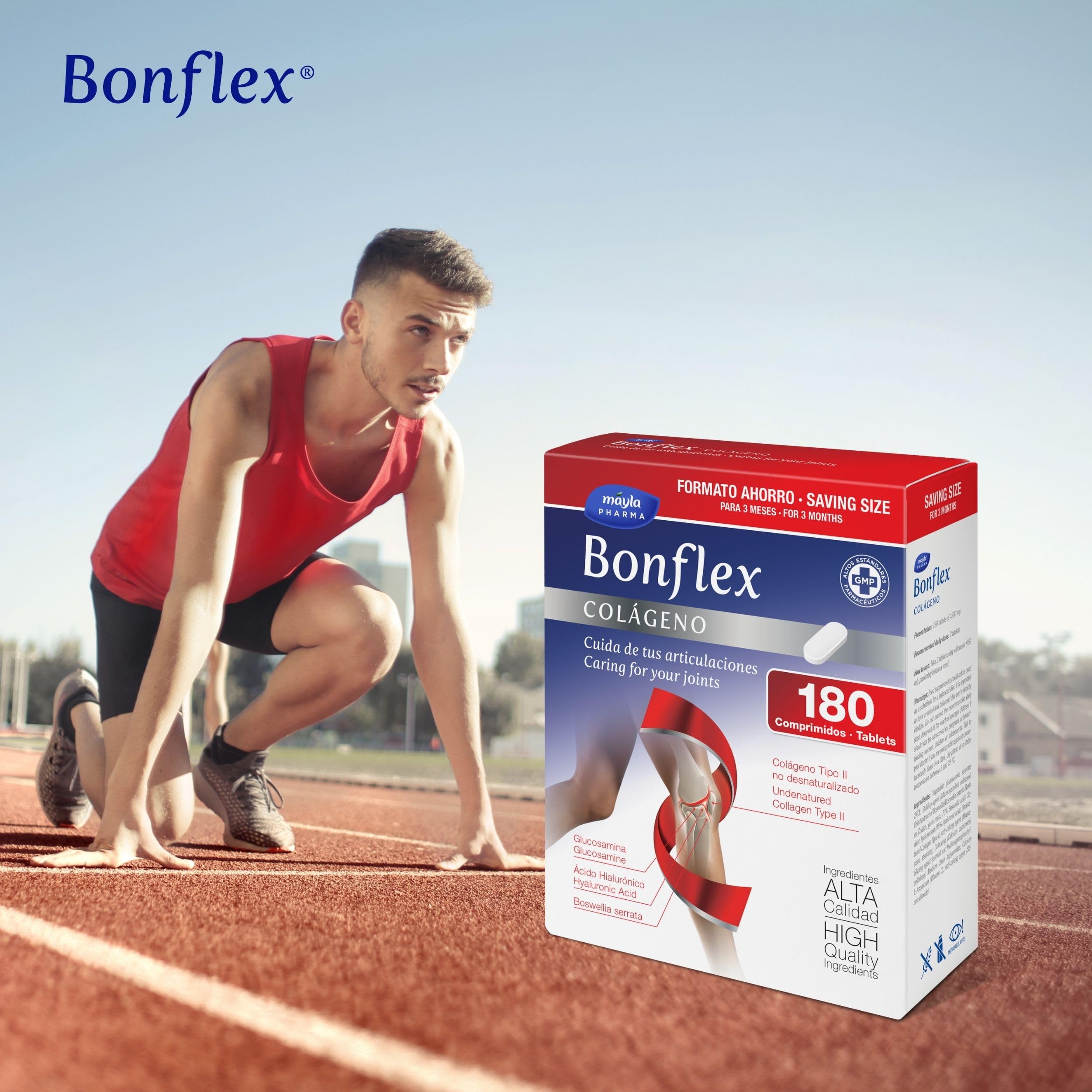 BONFLEX Colágeno 180 Comprimidos Colágeno no Desnaturalizado Tipo II 1500mg Glucosamina Ácido Hialurónico Boswellia Vitamina C para Articulaciones 1 Toma al Día