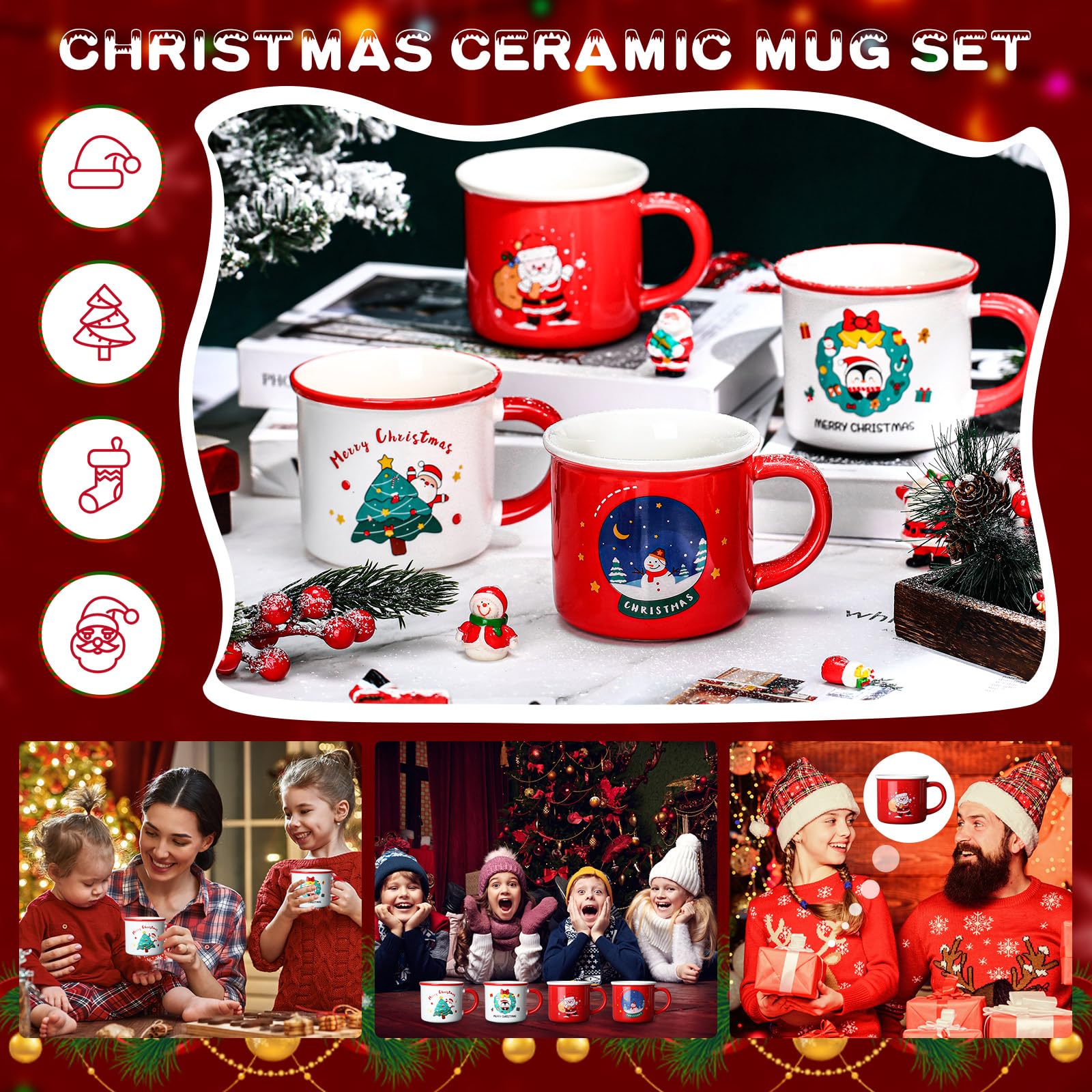 Hushee Juego de 8 tazas de Navidad de 12 onzas, tazas de café de cerámica, tazas de café de Navidad, tazas de té de leche, taza de café, regalo de Navidad para mujeres, hombres, amigos, familia
