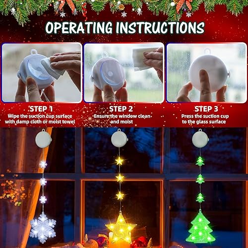 Miniatura 5 de Decoraciones de Navidad, 3 luces de Navidad para ventana, alimentadas por pilas, decoración de ventana de Navidad, árbol y copo de nieve y forma de