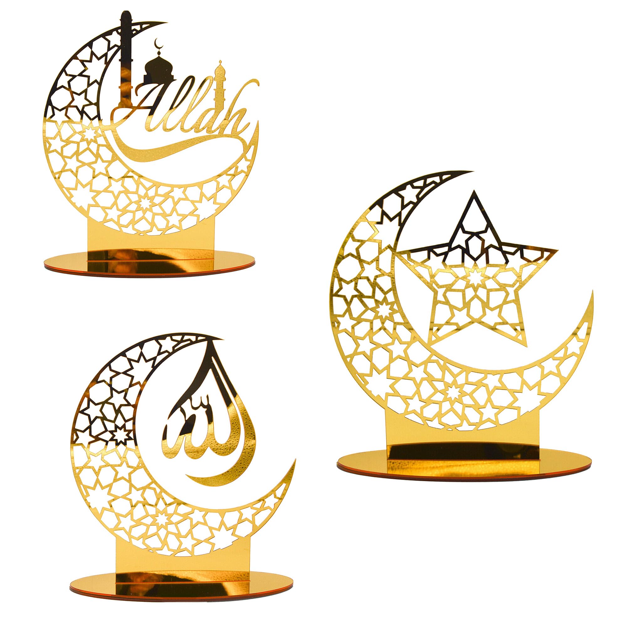 Kreatesquare Gold Ramadan Moon & Star Decorations – 3 Pcs Eid & Ramadan Mubarak Decorations, Islamic Tabletop Decor For Home, Party, Dinner, Mosque, Festival Display (Design-3)