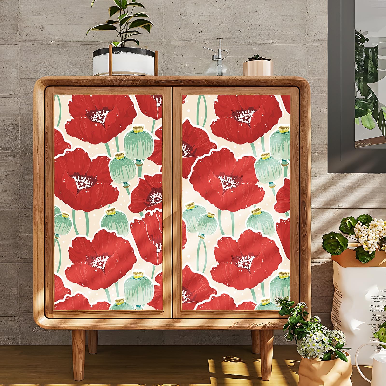 Stickyart Carta da Parati Fiori Rossi Impermeabile 44.5cmX200cm Adesivi Murali Papaveri Rossi Decorazioni Parete Soggiorno Carta Adesiva per Mobili Armadio Retro Pellicola Adesiva per Mobili Floreale