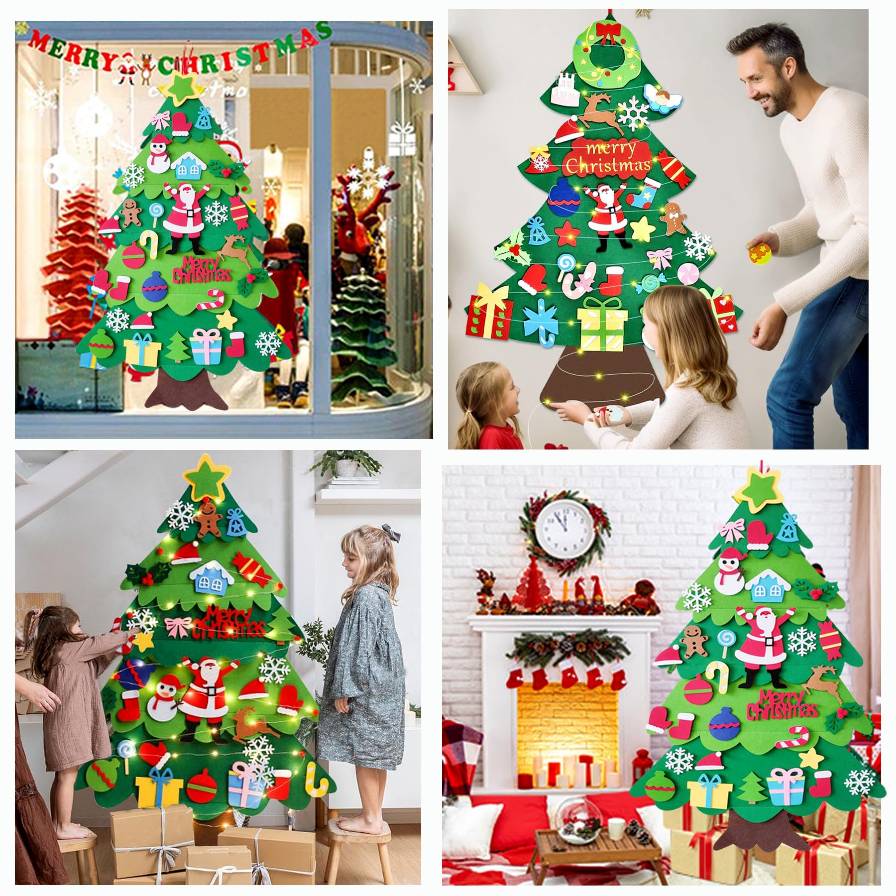 OUQIWEN Feltro Albero Natale,100 cm DIY Albero Natale Feltro Per Bambini Con 32 Staccabili Ornamenti,Decorazioni Natalizie Da Parete Per Porte