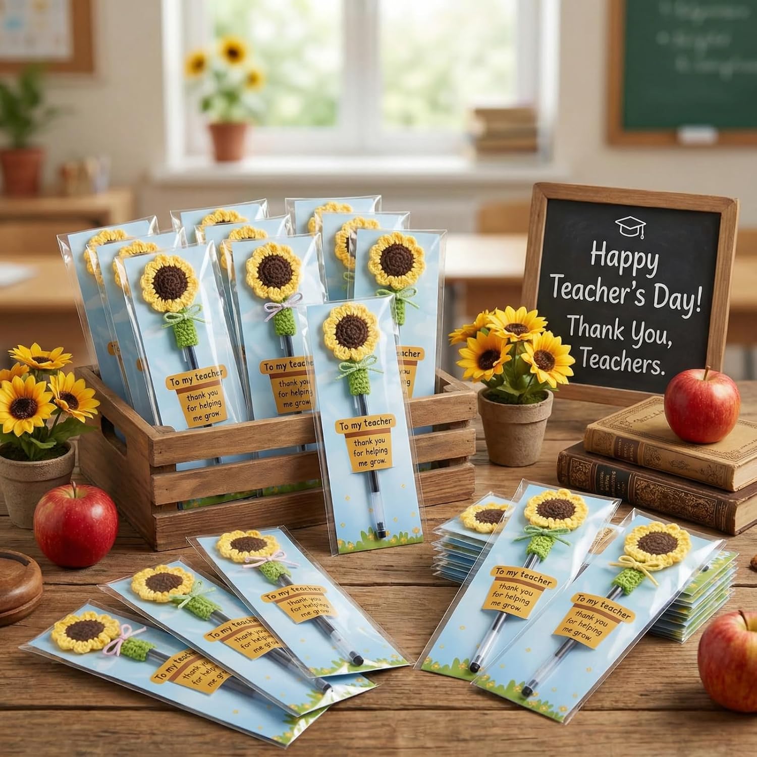 Resurhang 12 Set Back to School Gifts Bulk Teacher Appreciation Gift Bundle Crochet DIY Handmade Pen Cover Thank You for Helping Me Grow Cards Bulk Inspirational Opp Bags Thank You Supplies(Sunflower) image 3