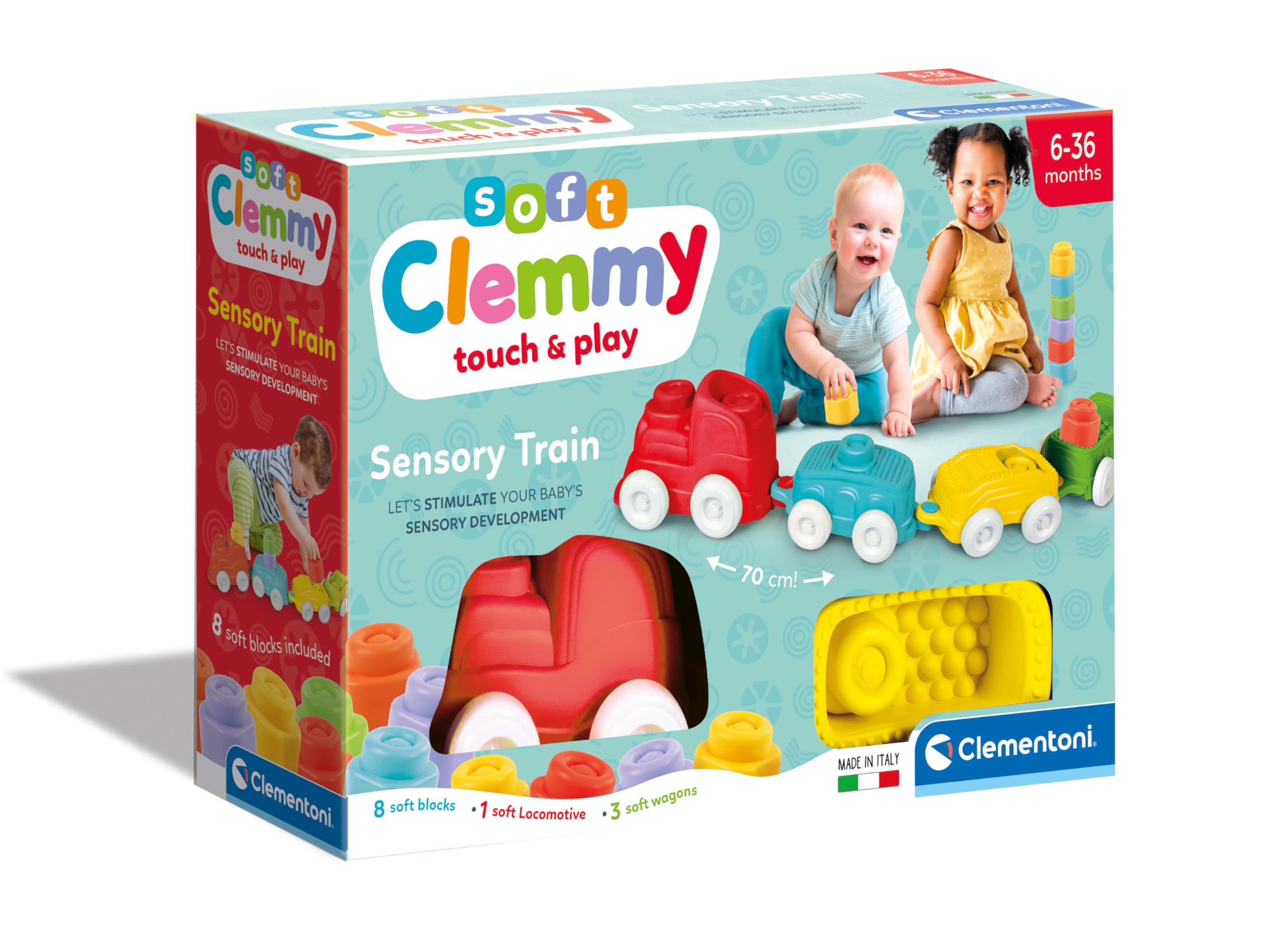Clementoni 17424 Clemmy zestaw do zabawy sensorycznej z miękkimi cegłami - wyprodukowano we Włoszech, można prać, 6 miesięcy +