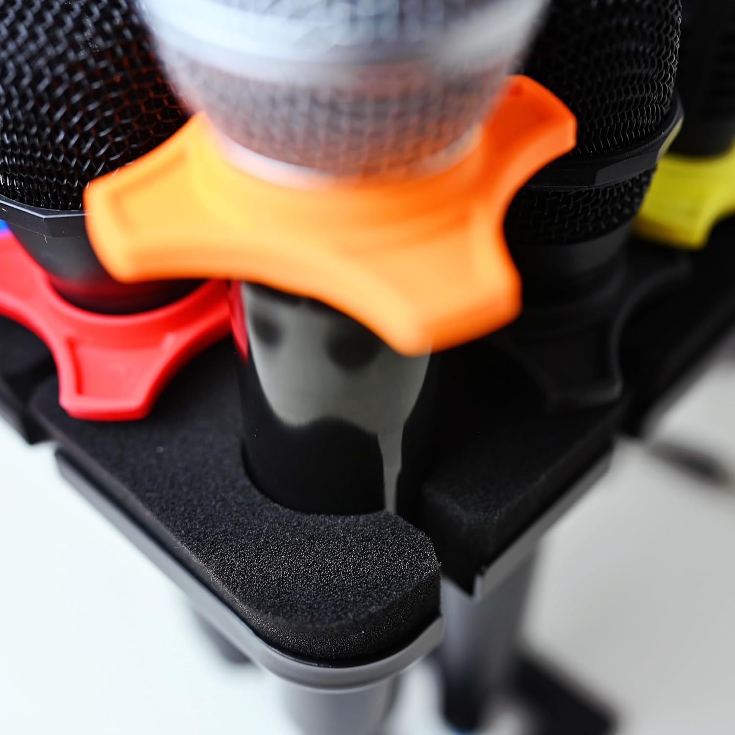 Multi Microphone Holder For Mic Stand - Square Tray Attachment holds up to 8 mics On Stage Organizer and Display - 8 Anti-roll Rings Included