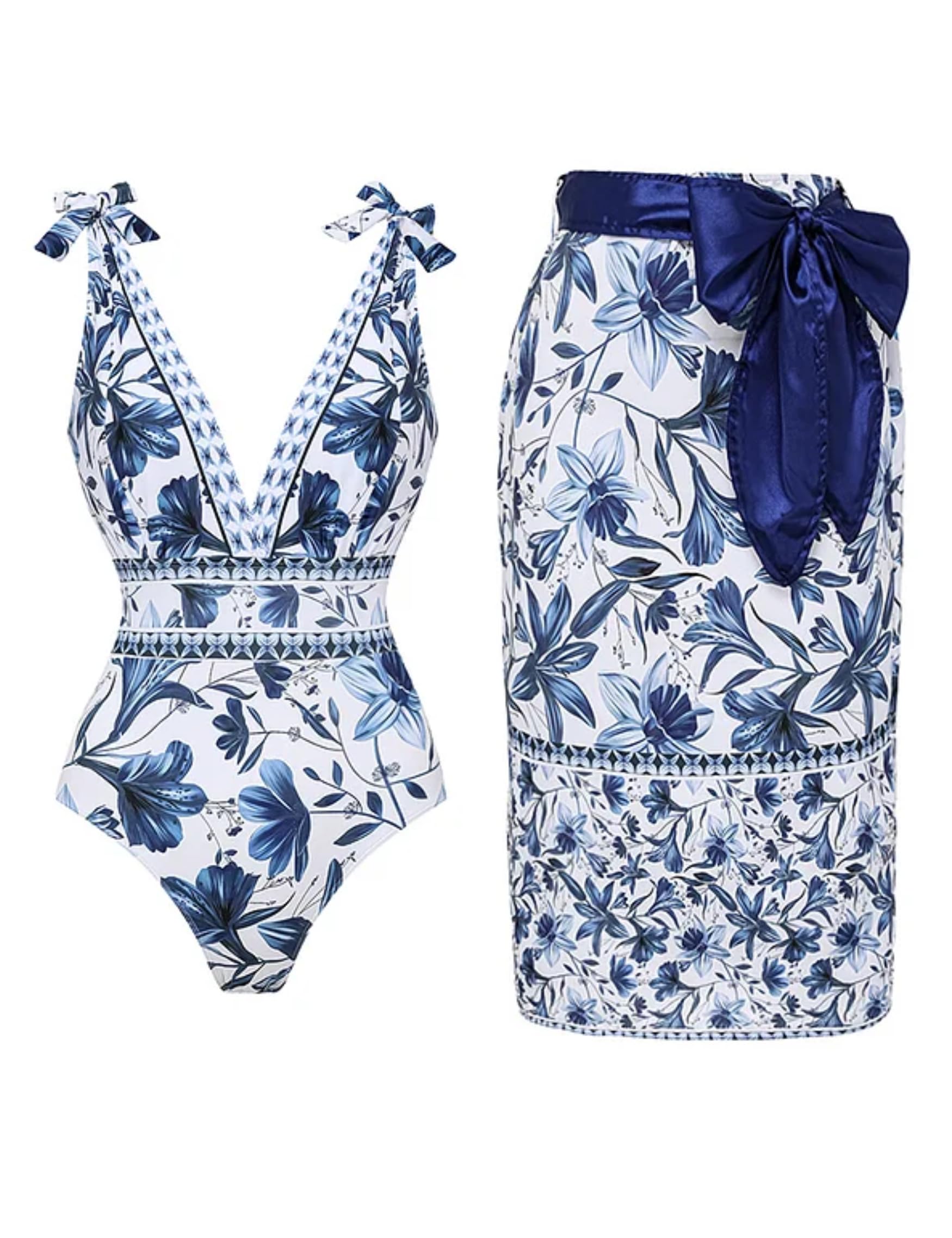 FLAXMAKER Blue and White Adjustable Shoulder Strip Plant Prints One Piece Swimsuit and Skirt/Sarong (US, Alpha, Large, Regular, Regular, Blue #2 Swim and Sarong)