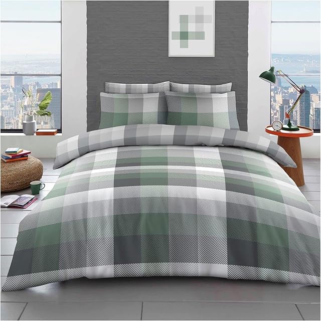 Lions Complete Bedding Set - Check Duvet Cover With Pillowcase (Check Sage Green, Double)