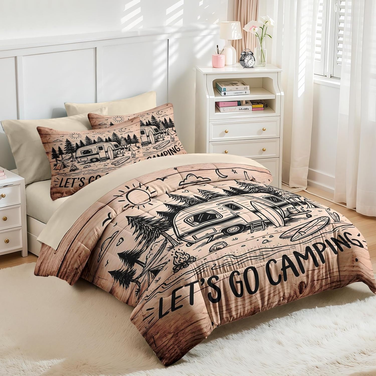Nesker 7 Pcs Comforter Set Queen Size, Camping Forest Rv Bedding Set for Kids and Adults, Vintage Outdoor Bed Sheet Set with Fitted Sheet 2 Pillowcases & 2 Shams