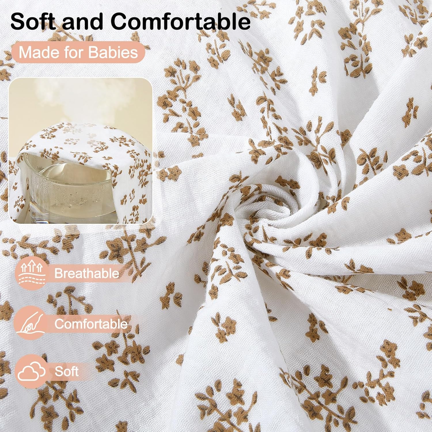 Baby Bassinet Sheets TPU Waterproof 2 Pack Soft Muslin Bedside Bassinet Mattress Sheets with Bottom Elastic Band for Baby Boy Girls Unisex Fit Hourglass Oval and Rectangle, Brown Flowers - Image 6