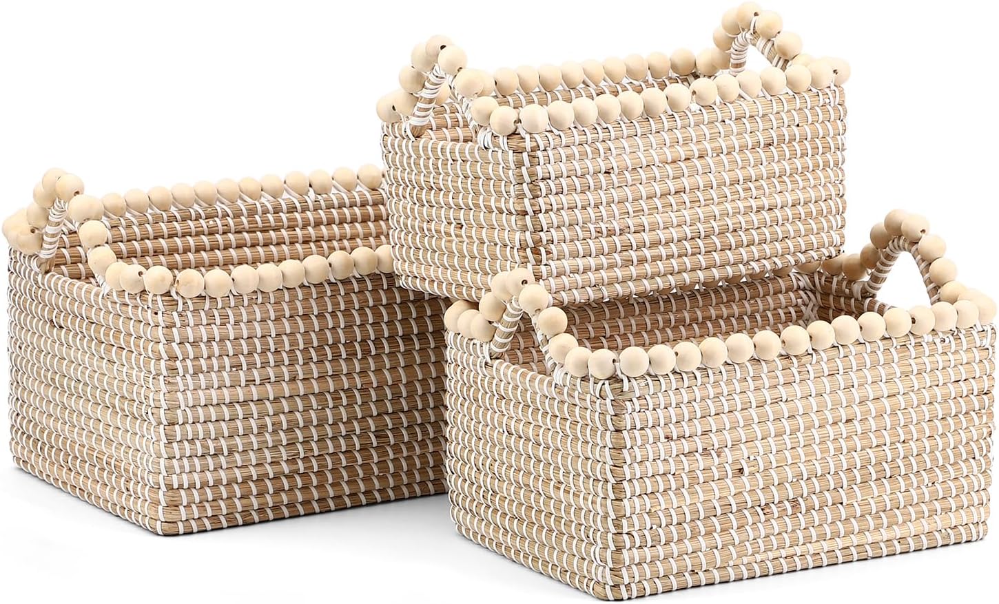 Set of 5 Water Hyacinth Pantry Baskets, Storage Baskets for Organizing, Cube Storage Bins for Shelves, Rectangle Storage Baskets with Handles, Woven Baskets for Storage - Floral