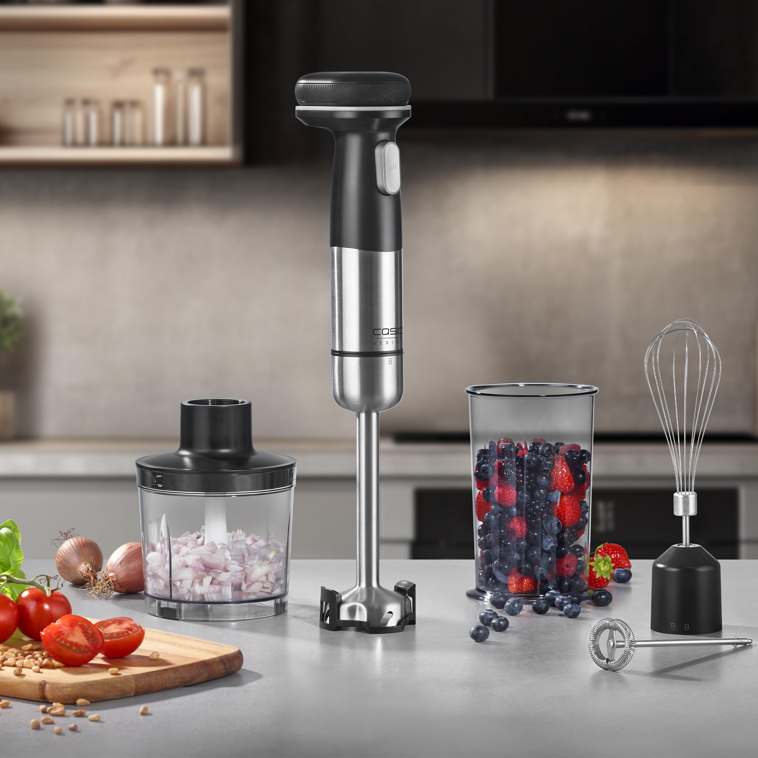 CASO Click & Mash - Miscelatore a immersione wireless 4 in 1, funziona a batteria, utilizzabile come purea, tritatutto, frusta, montalatte per emulsionare, velocità da 6.000 a 13.000 rpm