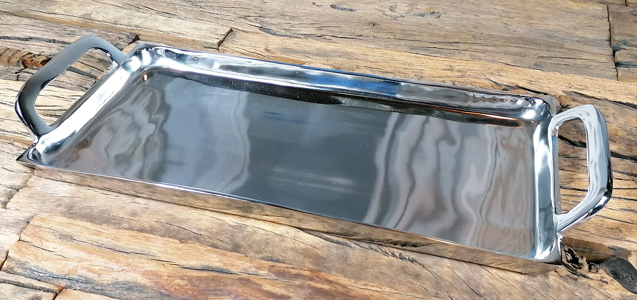 MichaelNoll Tablett Servierbrett Servierplatte Aluminium Silber Poliert Luxus - Serviertablett aus Metall - Silbertablett - 46 cm