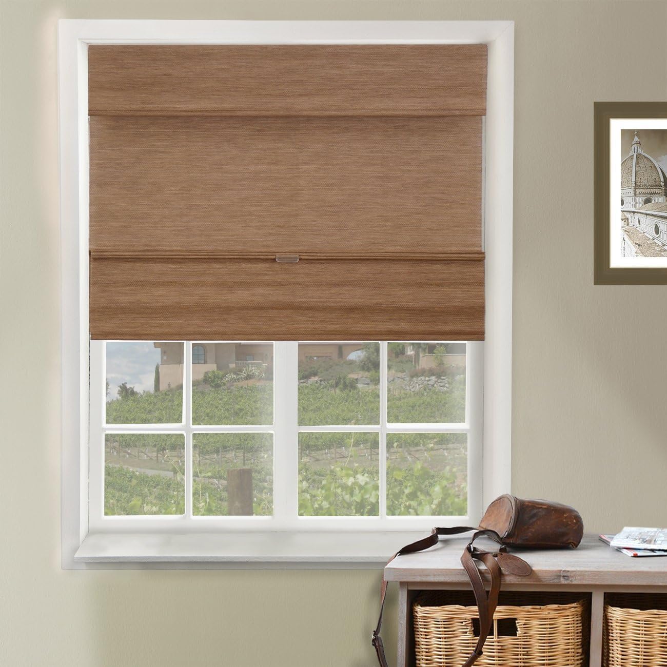 Chicology Cordless Magnetic Roman Shades Privacy Fabric Window Blind, 31"W X 64"H, Jamaican Truffle (Privacy & Natural Woven)