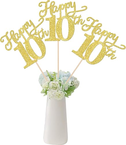 Rsstarxi Paquete de 12 palitos de centro de mesa de feliz cumpleaños número 10 de doble cara con purpurina dorada para decoración de fiesta de
