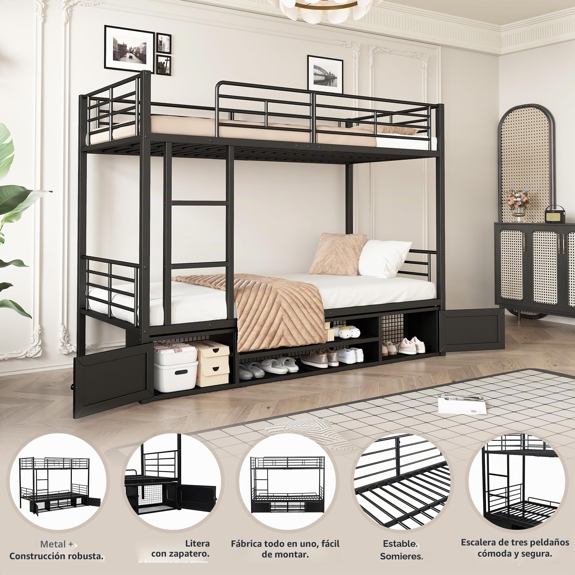 Litera, Cama con Marco de Hierro, Zapatero Abierto, Armario de Almacenamiento pequeño de Doble Puerta, con Escalera Lateral, con Rejilla anticaídas, Color Negro, 90x200cm