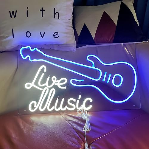 NUOSHANZS Live Music - Letrero de neón para guitarra sala de estudio letrero de neón LED de doble color blanco y azul Mblancoazul