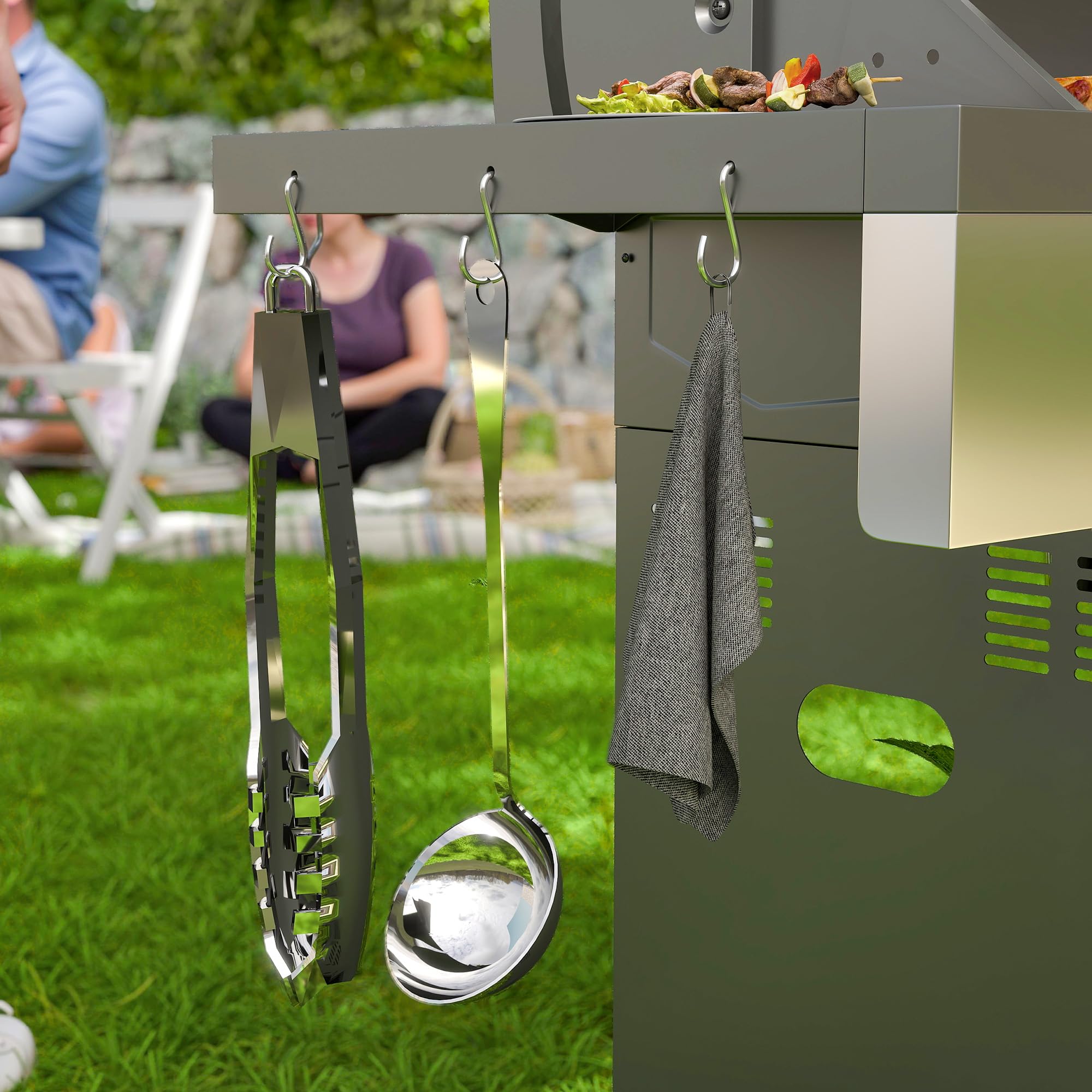 Outsunny Gasgrill 8500BTU BBQ Gartengrill inkl 6 Edelstahl-Brenner Rolle Druckminderer Thermometer, Grillwagen mit Gasschlauch Seitenablagen Deckel, für Camping-Grill Balkon, 143 x 55 x 110 cm