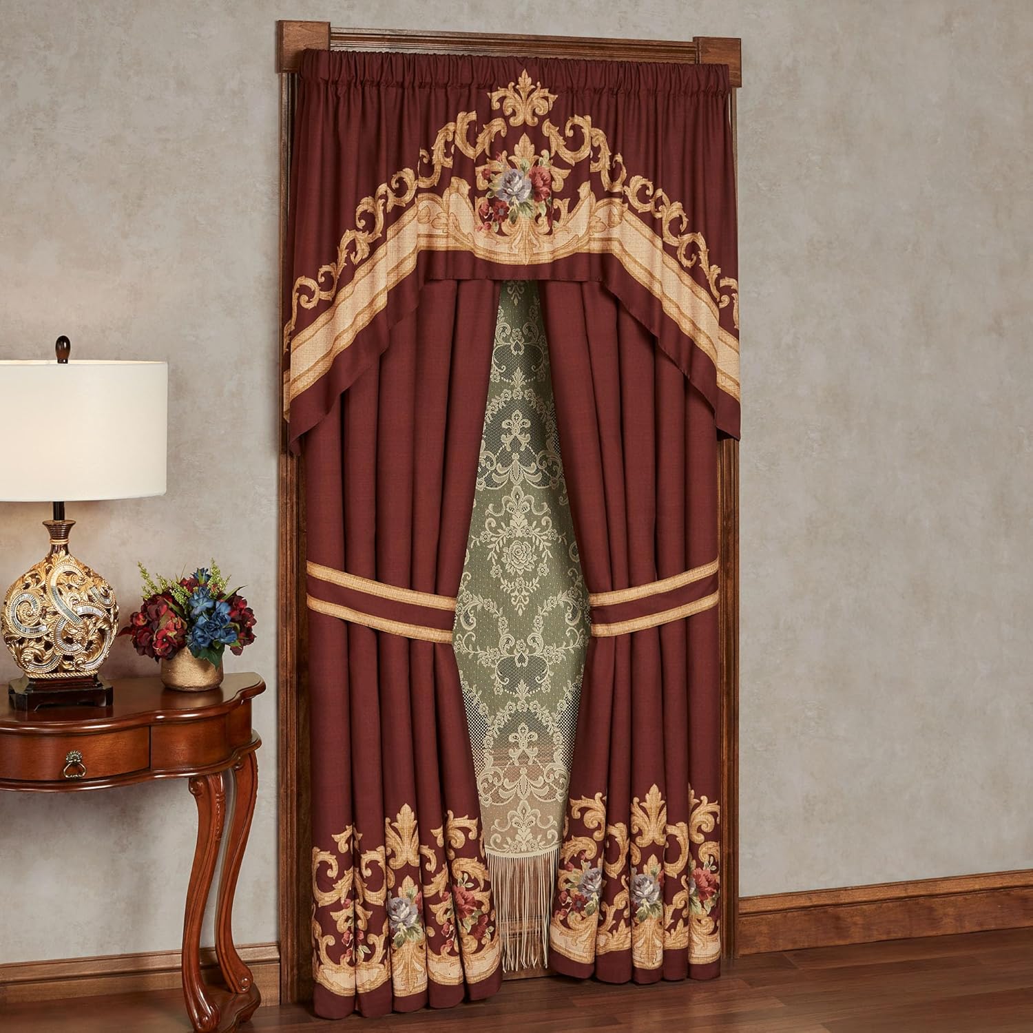 Savonnerie 2 Piece Window Treatment Set | Classic Aubusson Scrollwork & Floral Bouquet Design | Cordovan Brushed Microfiber | Machine Washable | Includes 100W Curtain Pair & Swag Valance
