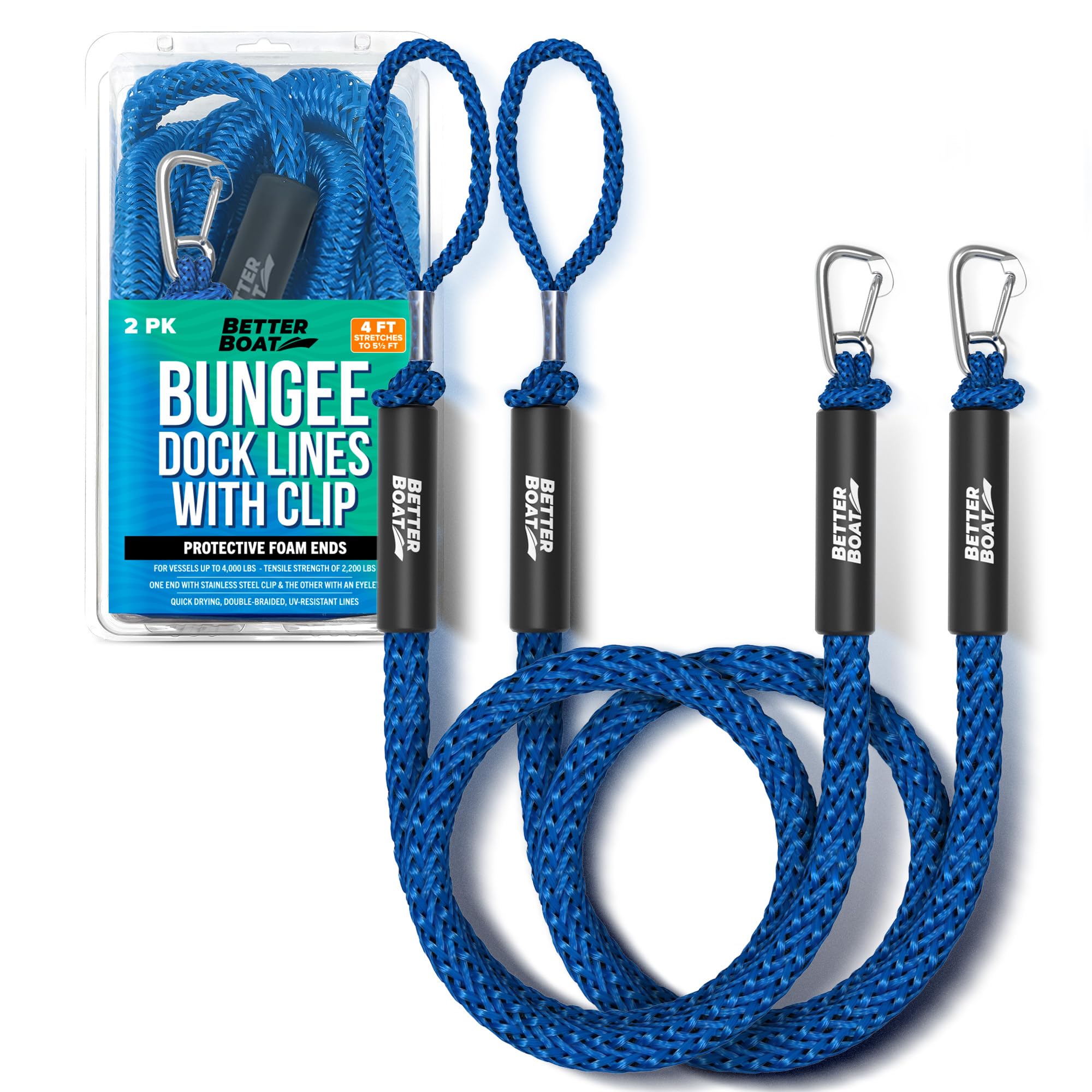 Better Boat 2 PK Bungee Dock Lines, Marine Grade Boat Rope, 5.5 ft, Stainless Steel, 2200 lbs Tensile Strength