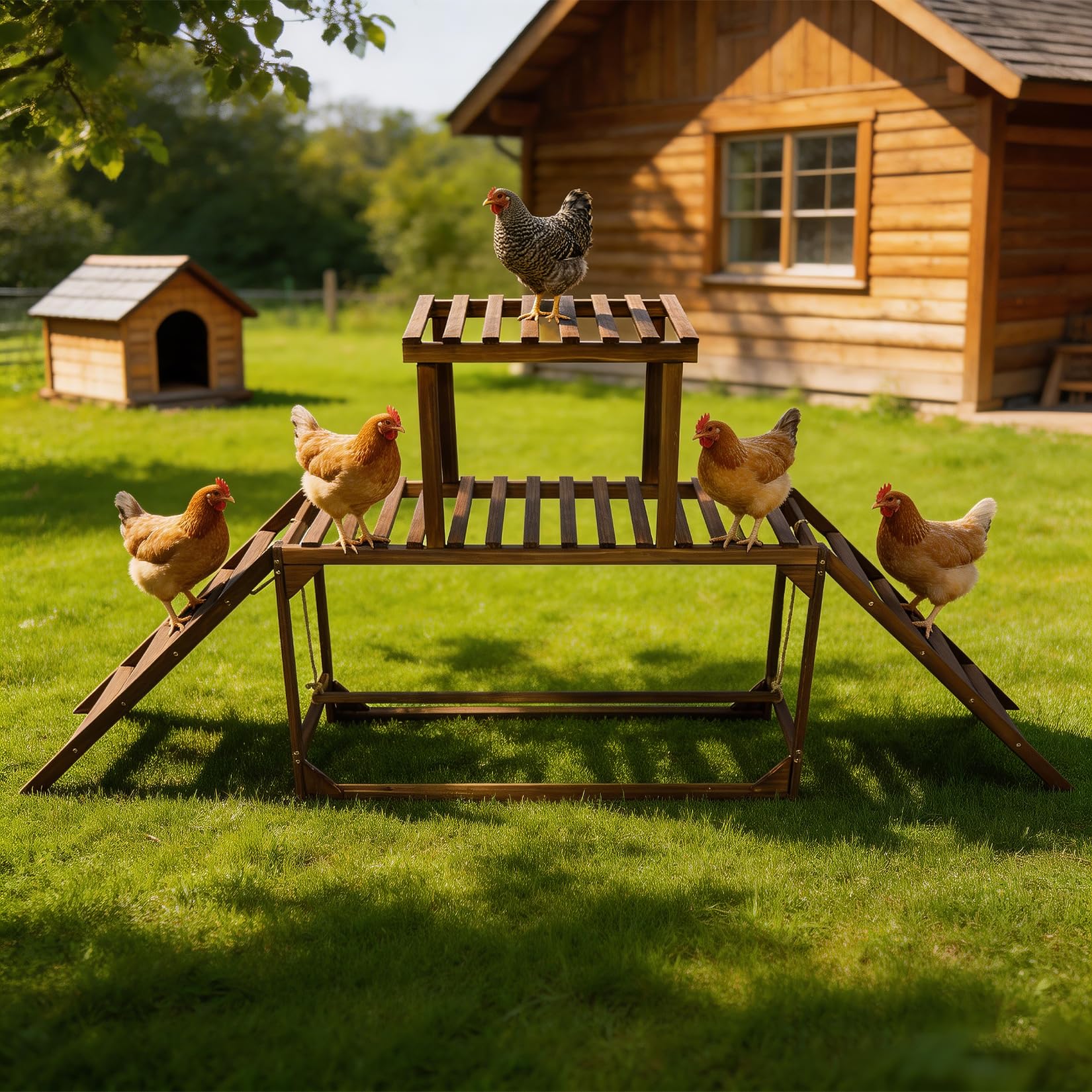 BingoPaw Percha de Madera para Gallinas con Escalera y Columpio, Perchero de Carbonizado para 8-10 Gallinas, Área de Pie Amplia, Resistente a la Corrosión, 200x30x89cm