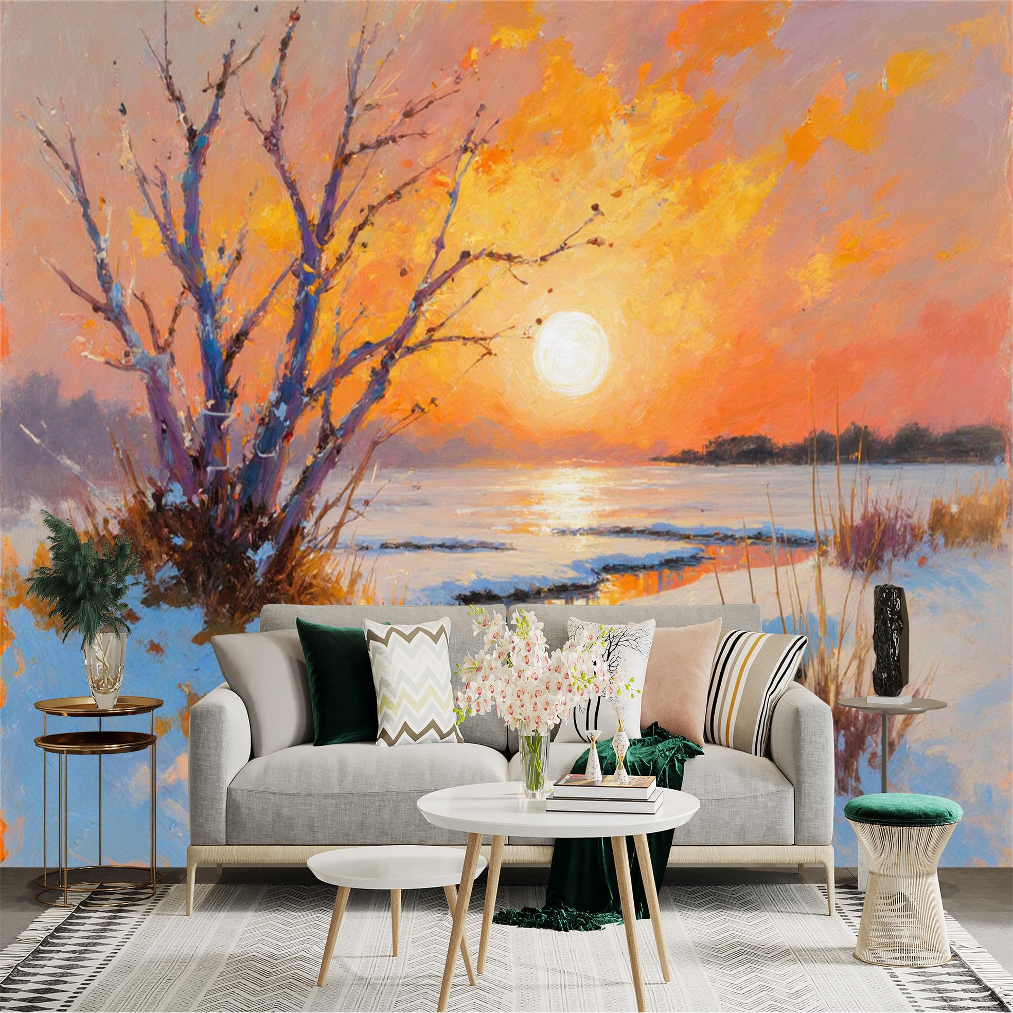 Custom Size Wall Sticker Mural， Winter Landscape with Sunset， Snow， River and Bare Trees， for wall Decoration， peelandstick wall Decals.