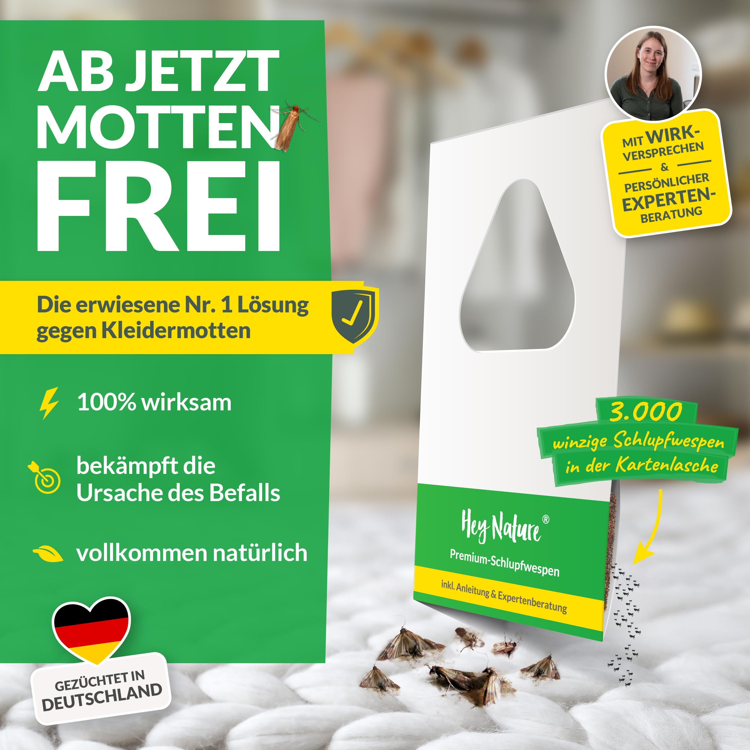 Hey Nature Schlupfwespen gegen Kleidermotten, 20 Karten (4 Karten à 5 Lieferungen). Natürlich & effektiv Kleidermotten bekämpfen mit Schlupfwespen gegen Motten. Alternativ zu Mottenkugeln, Mottenspray