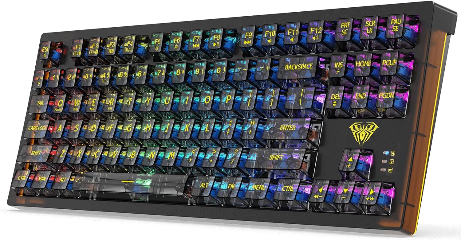 AULA Wireless Mechanical Keyboard, 3 in 1 Hot Swappable RGB Mechanical Gaming Keyboard with Transparent Keycaps, All Keys Anti-Ghosting Gaming Keyboard for PC Windows Mac