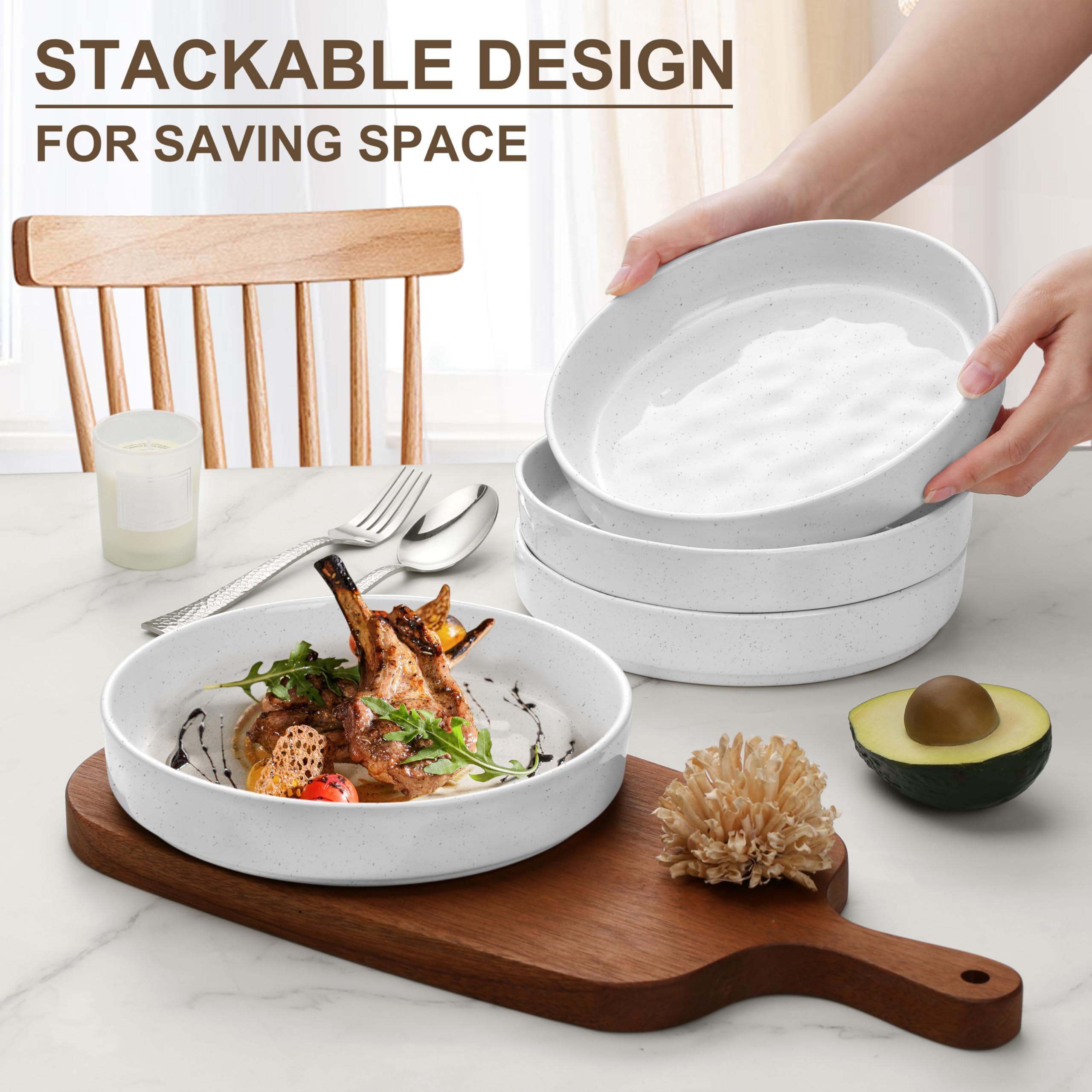 Herogo Pastaschüssel-Set, Steingut, groß, breit, flache Teller und stapelbare Servierschalen aus Keramik, für Salat, Suppe, Müsli, mikrowellen- und spülmaschinenfest, gesprenkelt, 4 Stück